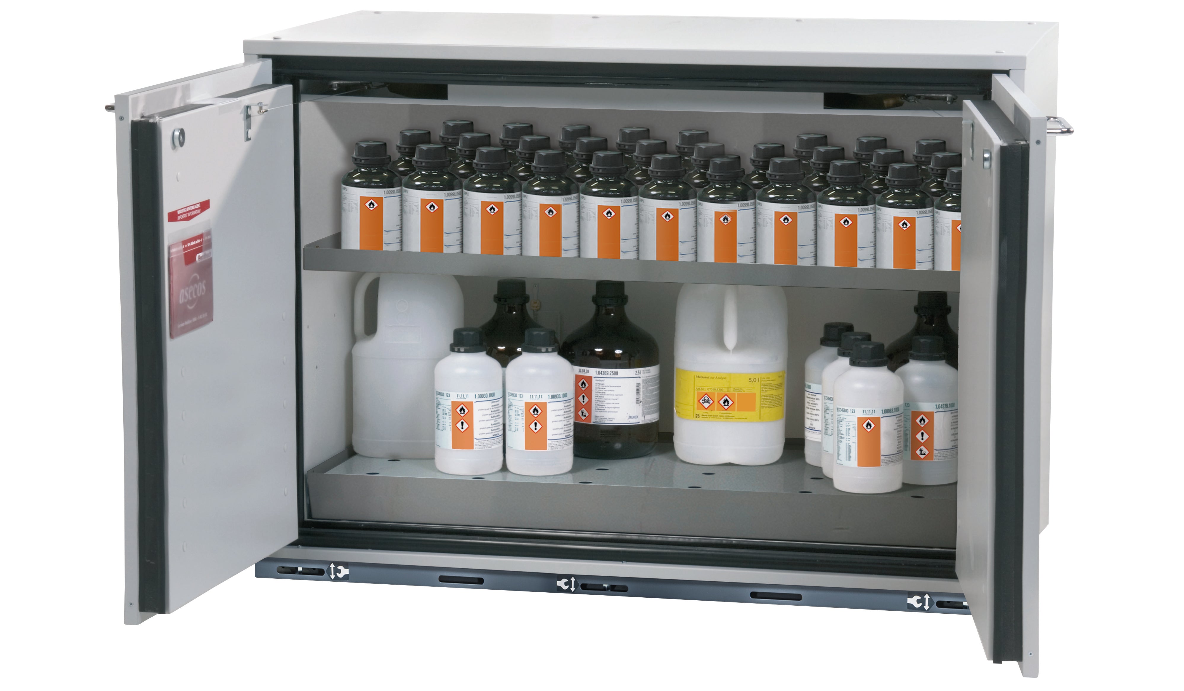 Typ 90 Sicherheitsunterbauschrank UB-T-90 Modell UB90.080.110.060.2T in lichtgrau RAL 7035 mit 1x Fachboden Standard (Edelstahl 1.4301)