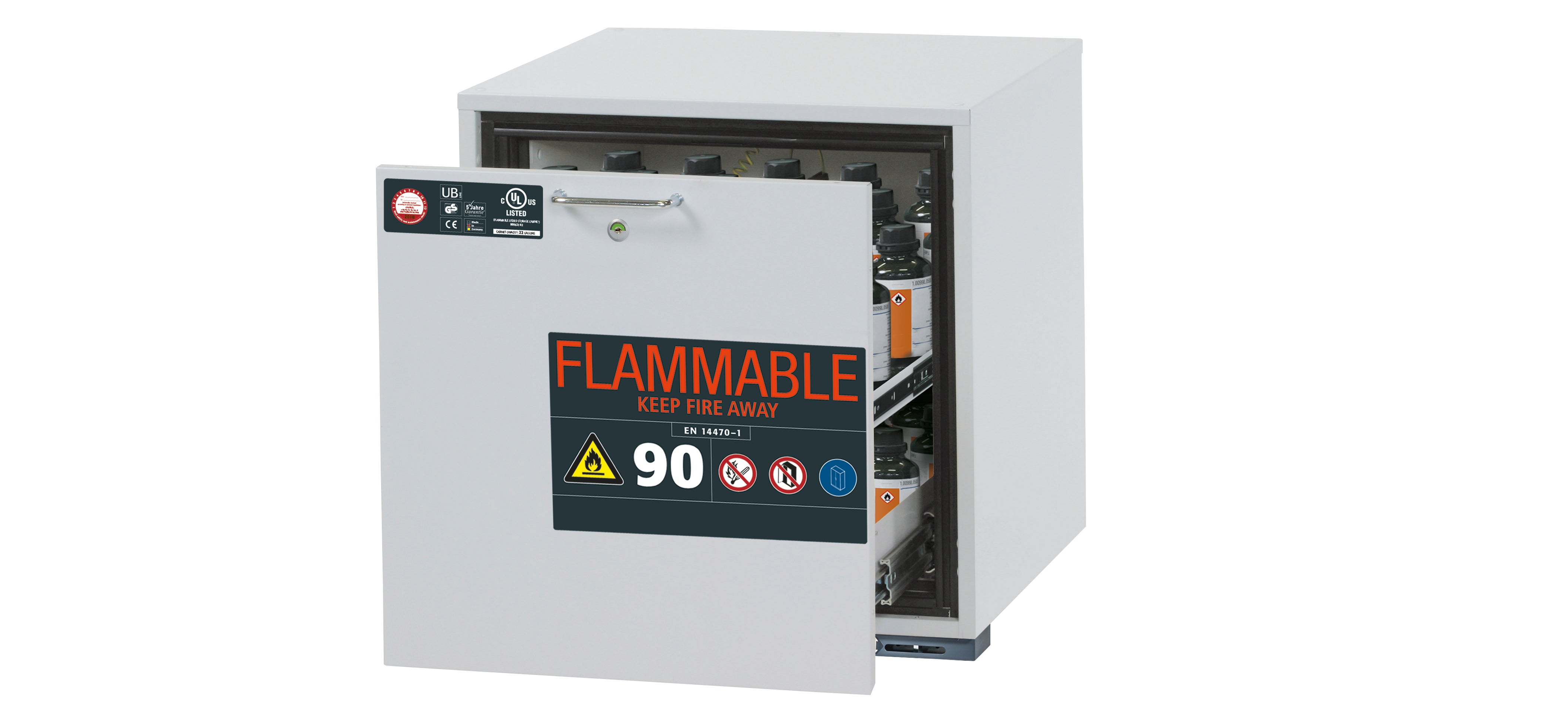 Armoire inférieure de sécurité type 90 UB-S-90 modèle UB90.060.059.UL.S en gris clair RAL 7035 avec 1x plateau à tiroirs STAWA-R (tôle d'acier)