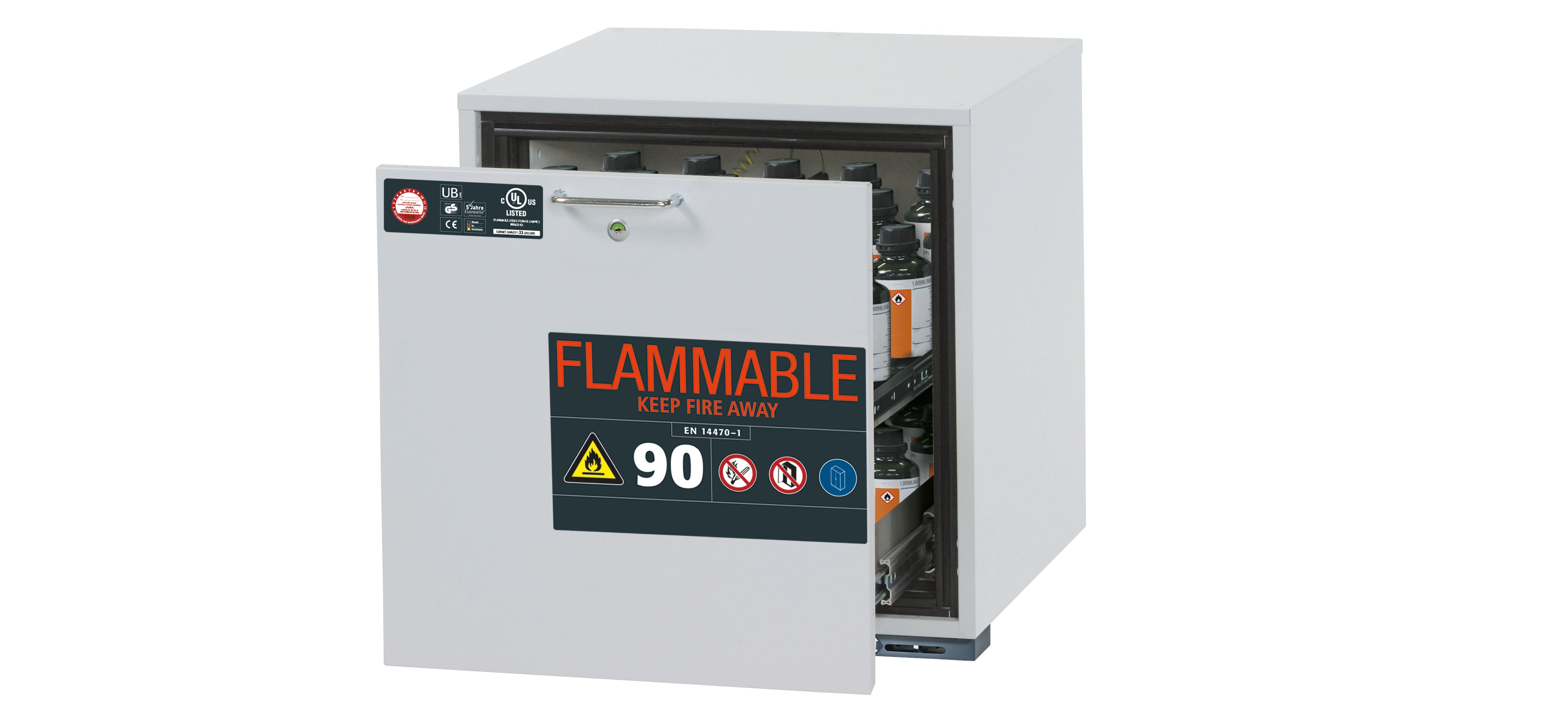 Type 90 safety base cabinet UB-S-90 model UB90.060.059.UL.S in light gray RAL 7035 with 1x drawer tray STAWA-R (stainless steel 1.4301)