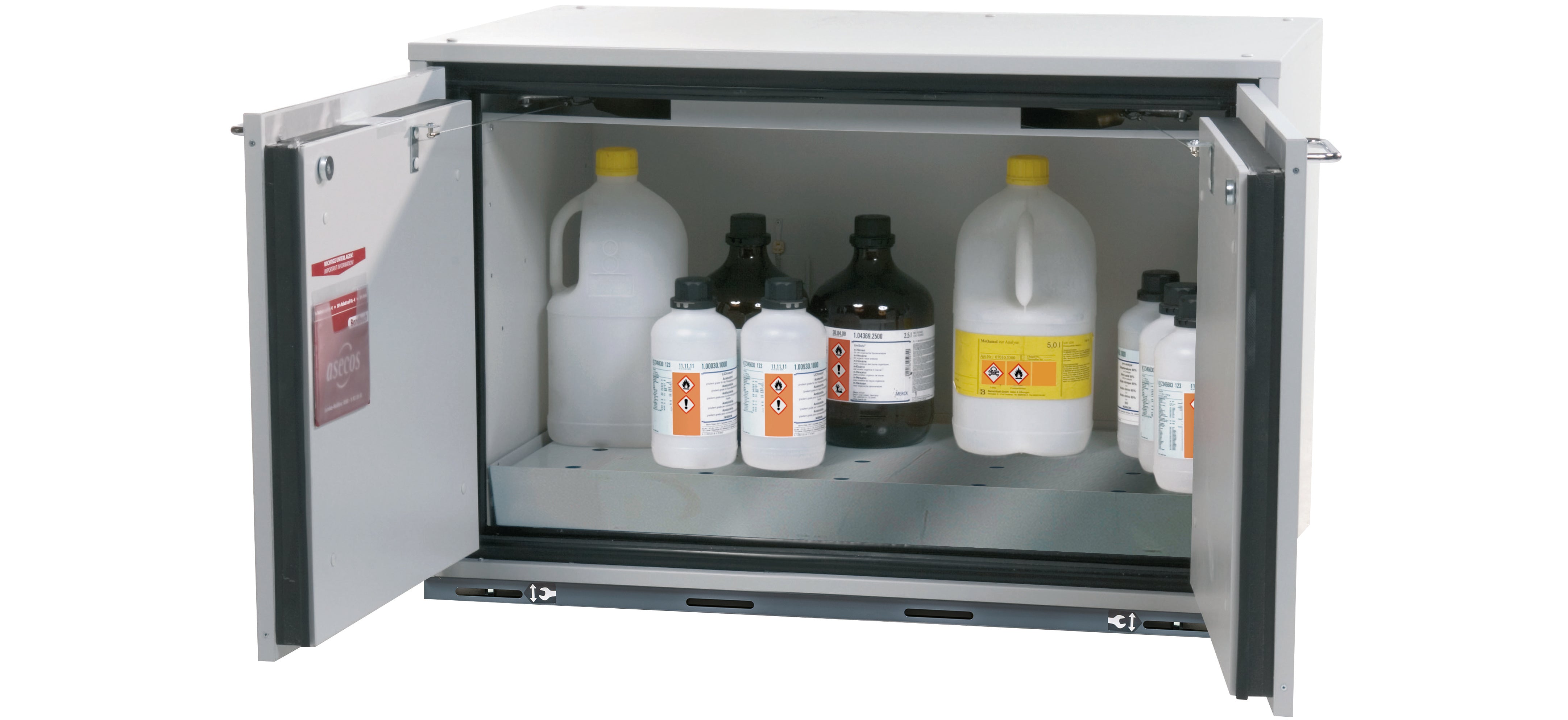 Typ 90 Sicherheitsunterbauschrank UB-T-90 Modell UB90.060.089.UL.2T in lichtgrau RAL 7035 mit 1x Lochblecheinsatz Standard (Edelstahl 1.4016)