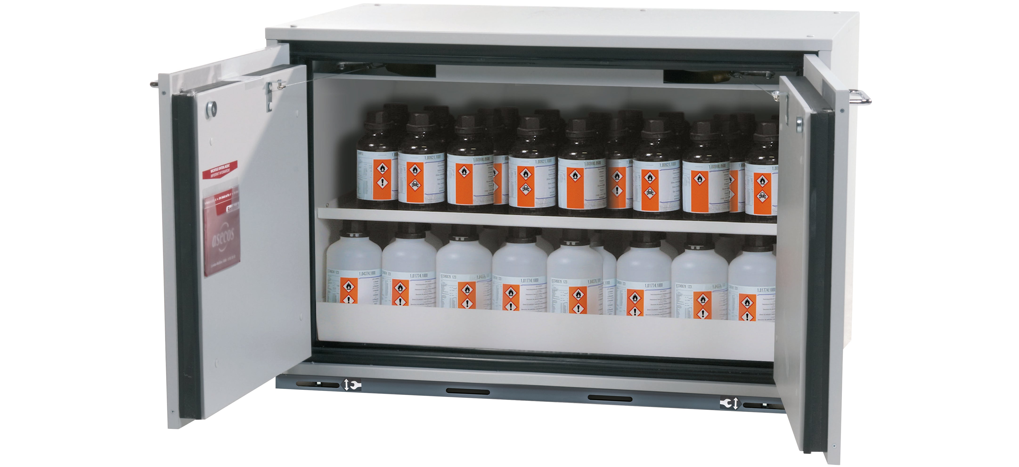 Typ 90 Sicherheitsunterbauschrank UB-T-90 Modell UB90.060.089.UL.2T in lichtgrau RAL 7035 mit 1x Fachboden Standard (Stahlblech)