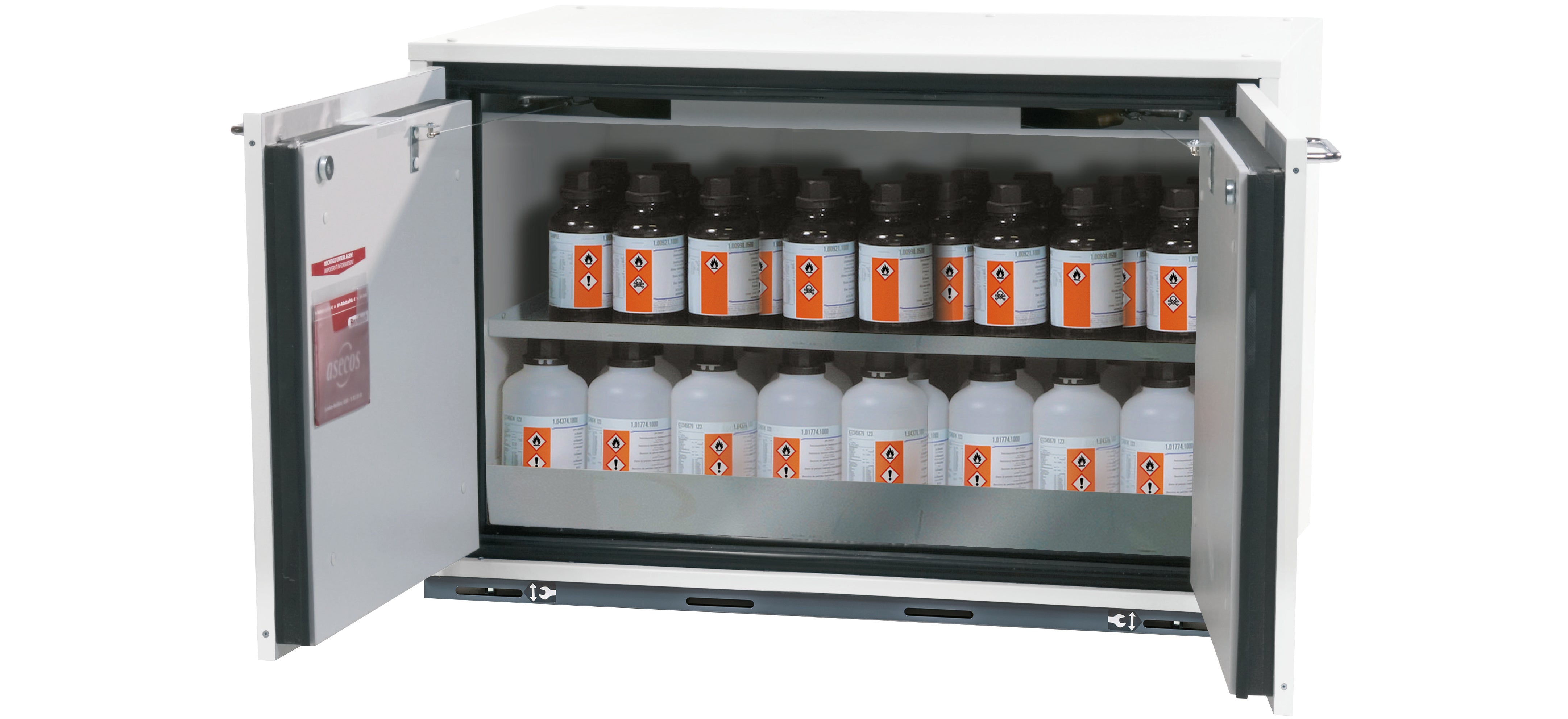 Typ 90 Sicherheitsunterbauschrank UB-T-90 Modell UB90.060.089.UL.2T in laborweiss (ähnl. RAL 9016) mit 1x Fachboden Standard (Edelstahl 1.4301)