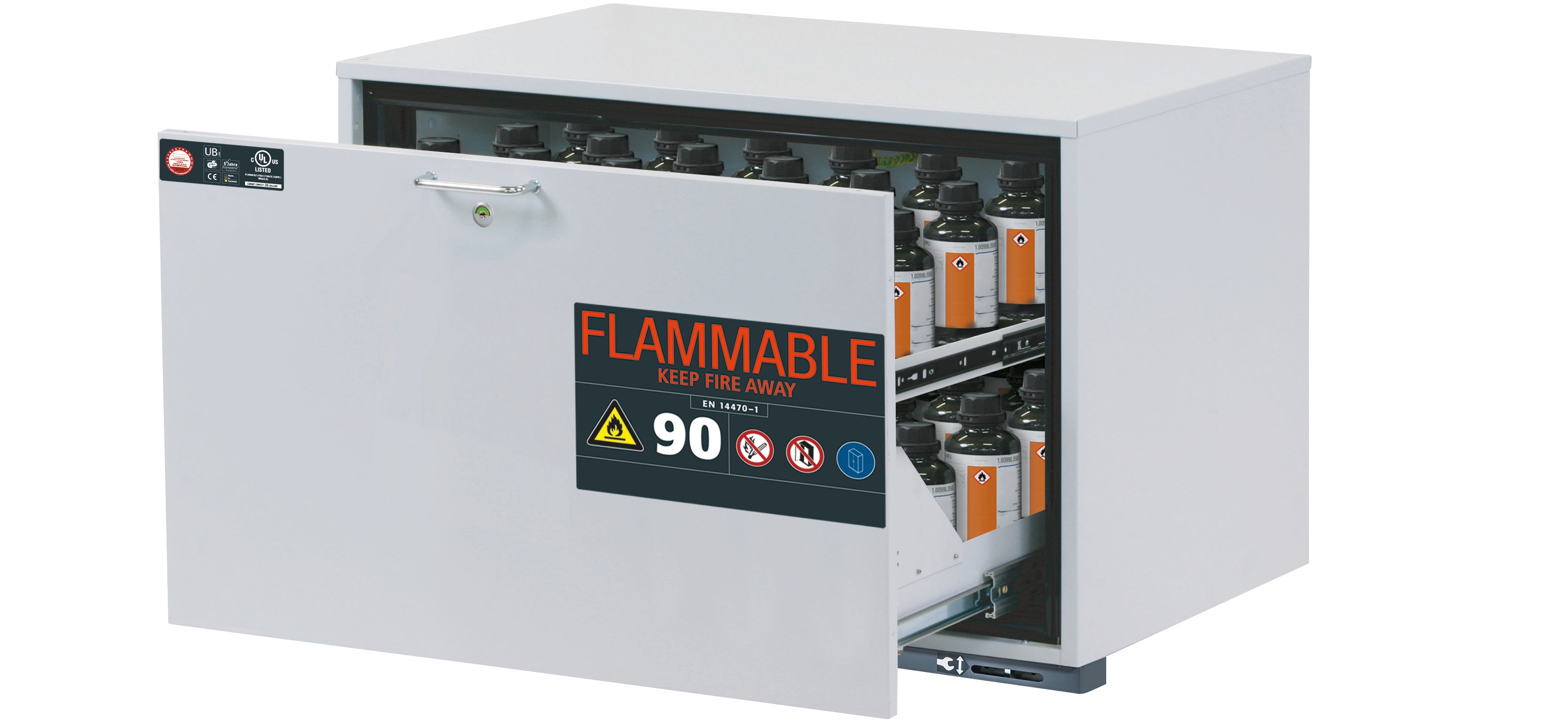 Type 90 safety base cabinet UB-S-90 model UB90.060.089.UL.S in light gray RAL 7035 with 1x drawer tray STAWA-R (sheet steel)