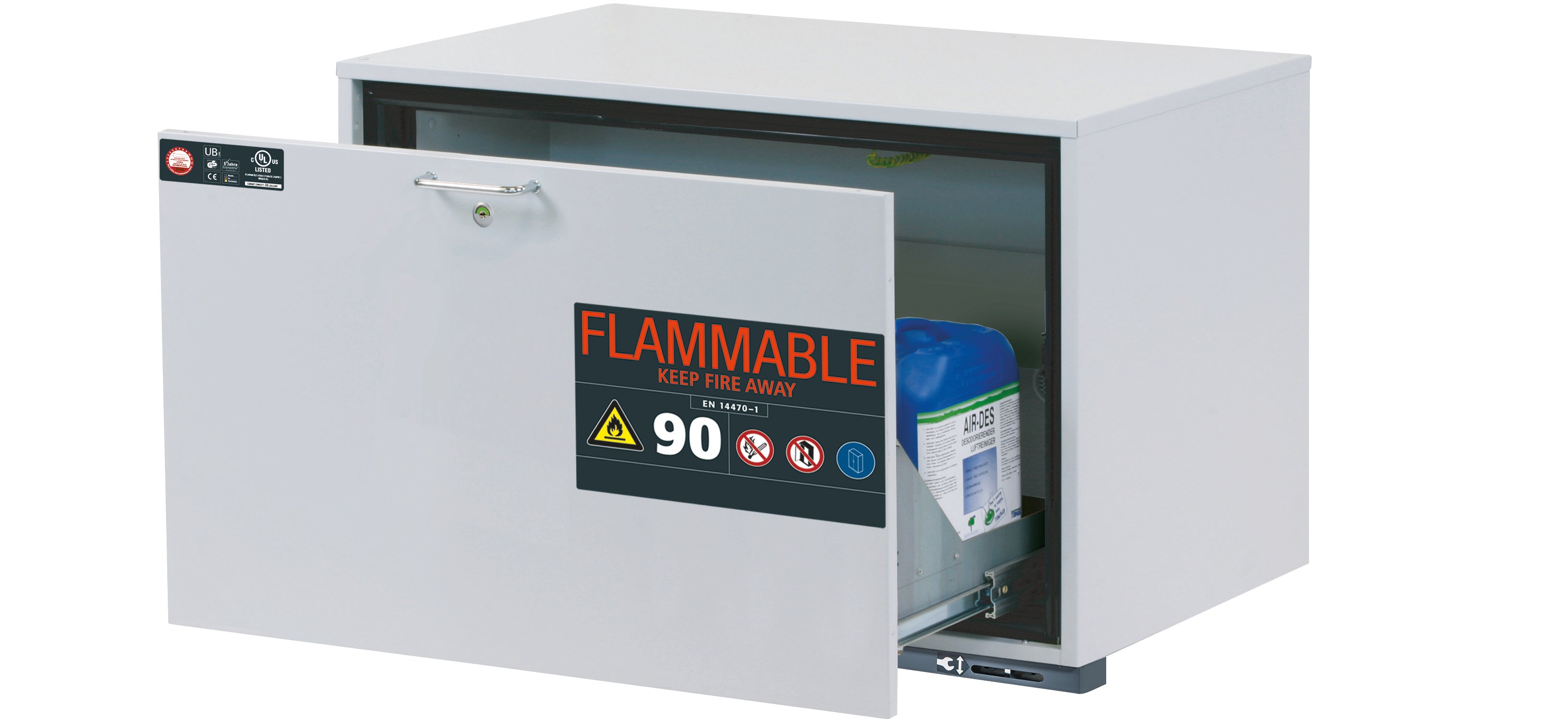 Type 90 safety base cabinet UB-S-90 model UB90.060.089.UL.S in light gray RAL 7035 with 1x drawer tray STAWA-R (stainless steel 1.4301)