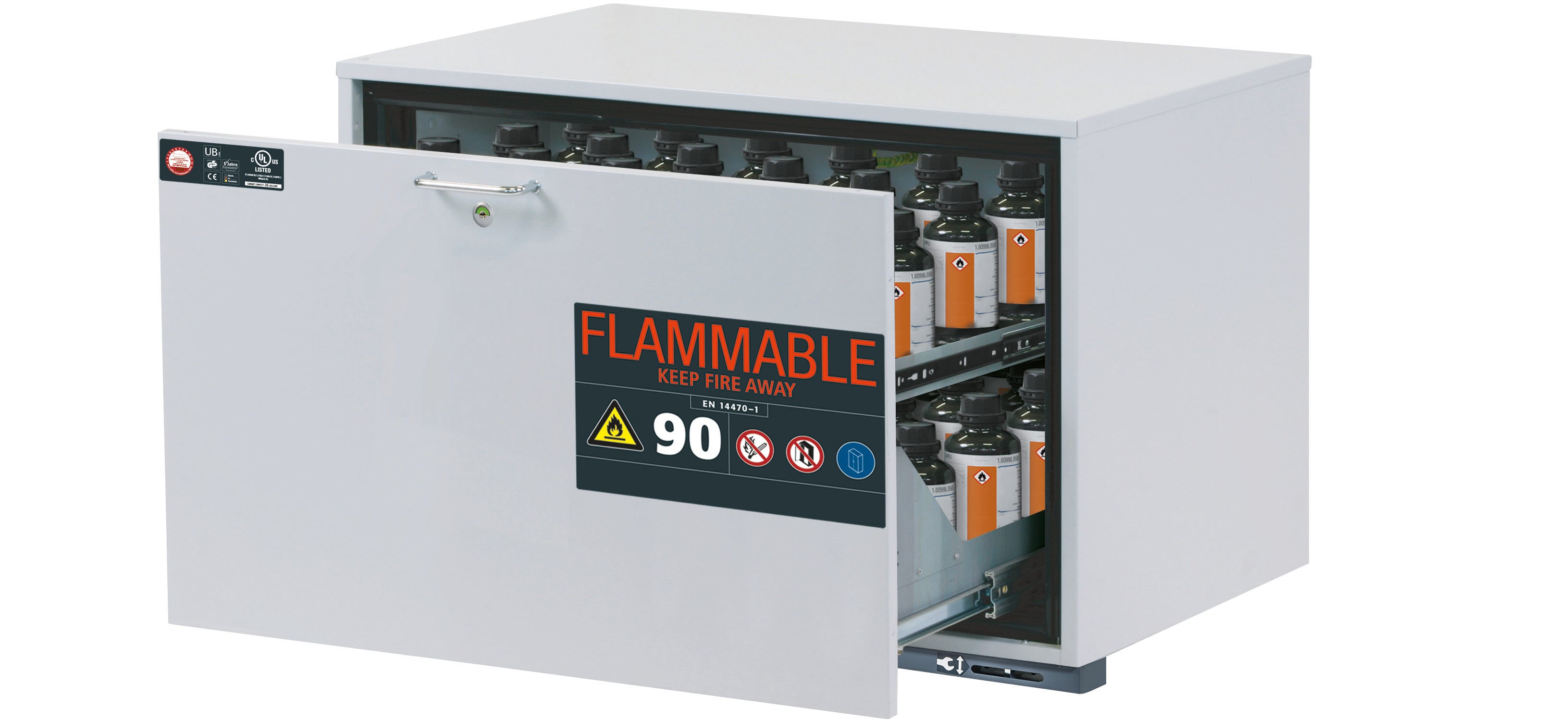 Type 90 safety base cabinet UB-S-90 model UB90.060.089.UL.S in light gray RAL 7035 with 1x drawer tray STAWA-R (stainless steel 1.4301)