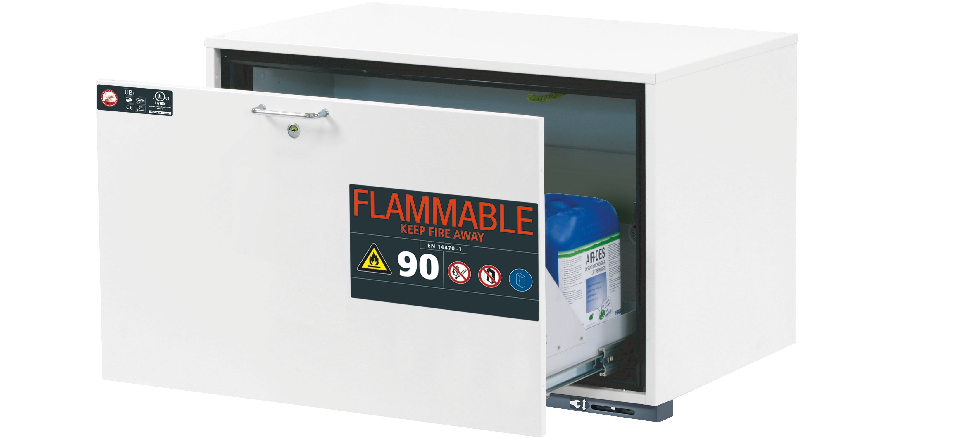 Type 90 safety base cabinet UB-S-90 model UB90.060.089.UL.S in laboratory white (similar to RAL 9016) with 1x drawer tray STAWA-R (sheet steel)