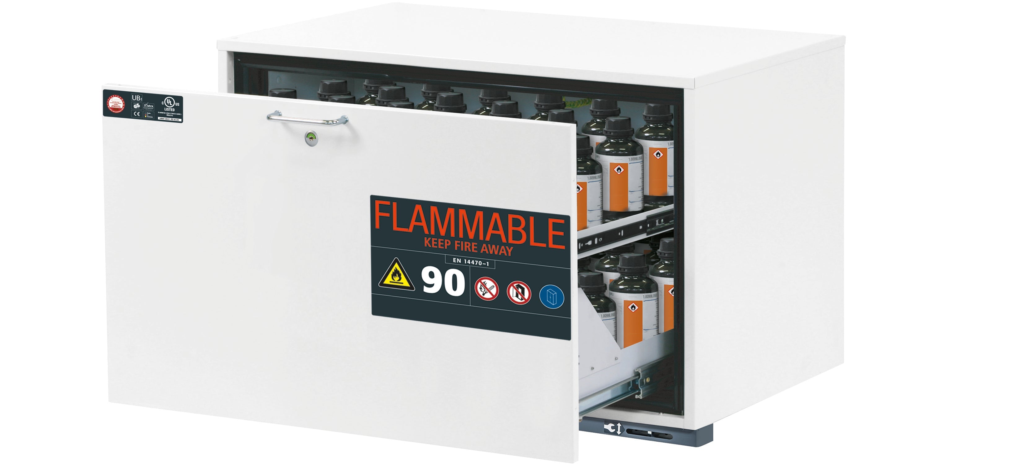 Type 90 safety base cabinet UB-S-90 model UB90.060.089.UL.S in laboratory white (similar to RAL 9016) with 1x drawer tray STAWA-R (sheet steel)