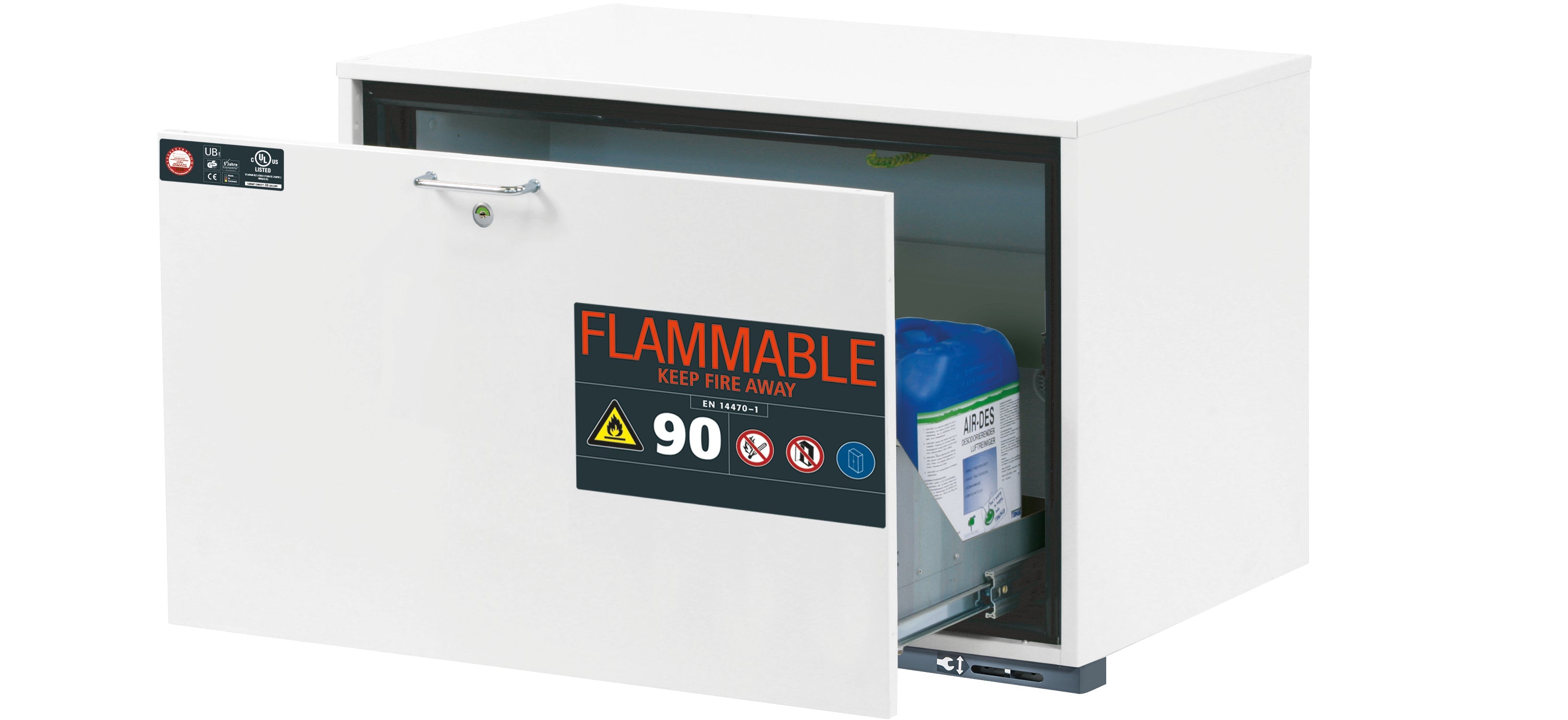 Type 90 safety base cabinet UB-S-90 model UB90.060.089.UL.S in laboratory white (similar to RAL 9016) with 1x drawer tray STAWA-R (stainless steel 1.4301)