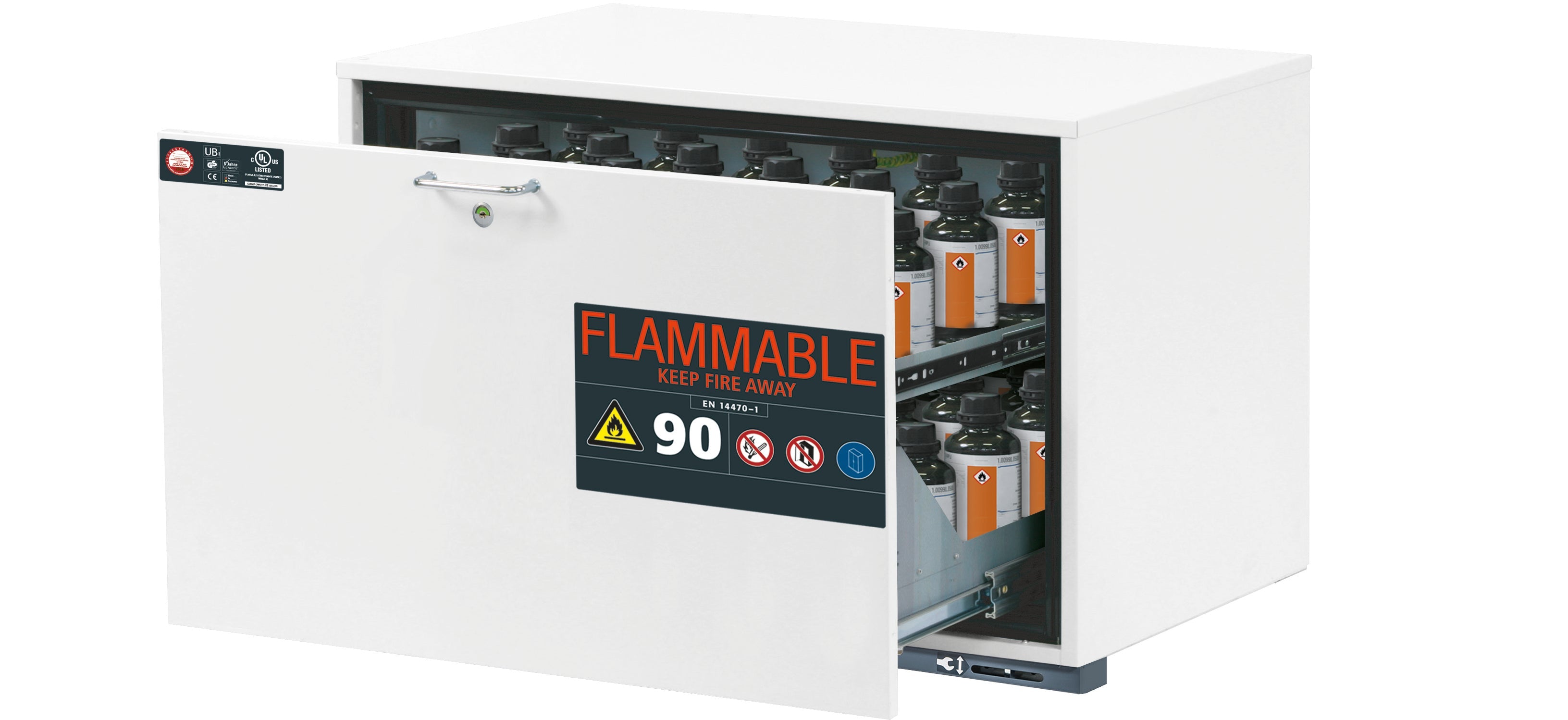 Type 90 safety base cabinet UB-S-90 model UB90.060.089.UL.S in laboratory white (similar to RAL 9016) with 1x drawer tray STAWA-R (stainless steel 1.4301)