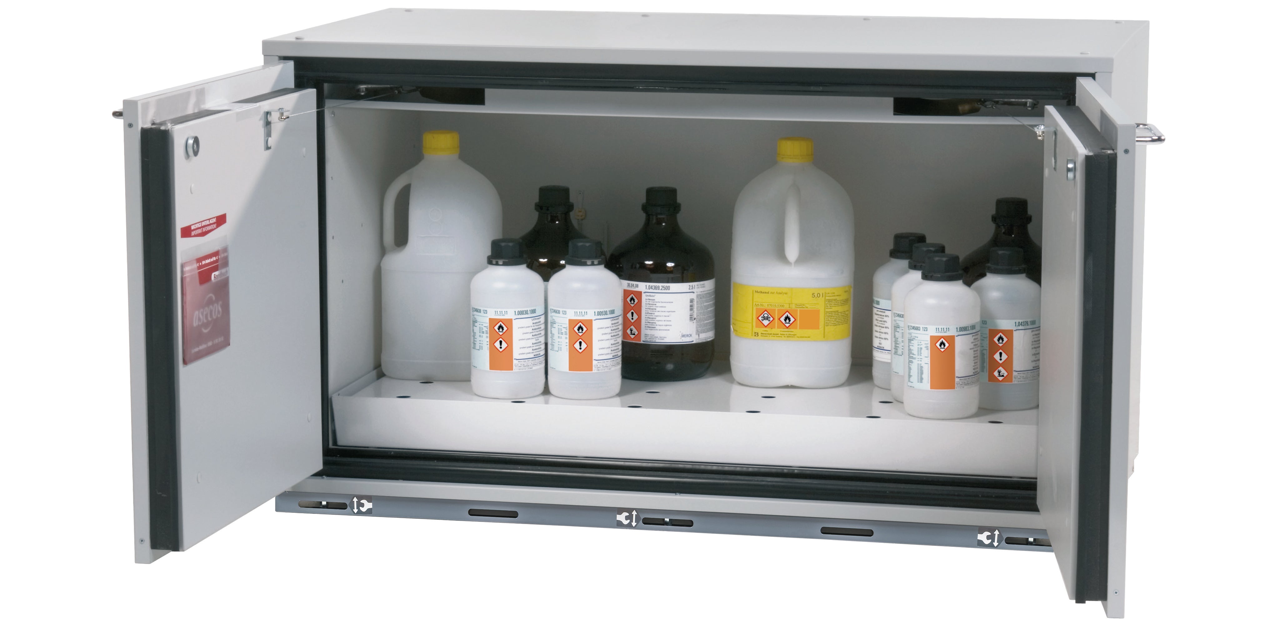 Typ 90 Sicherheitsunterbauschrank UB-T-90 Modell UB90.060.110.050.UL.2T in lichtgrau RAL 7035 mit 1x Lochblecheinsatz Standard (Stahlblech)