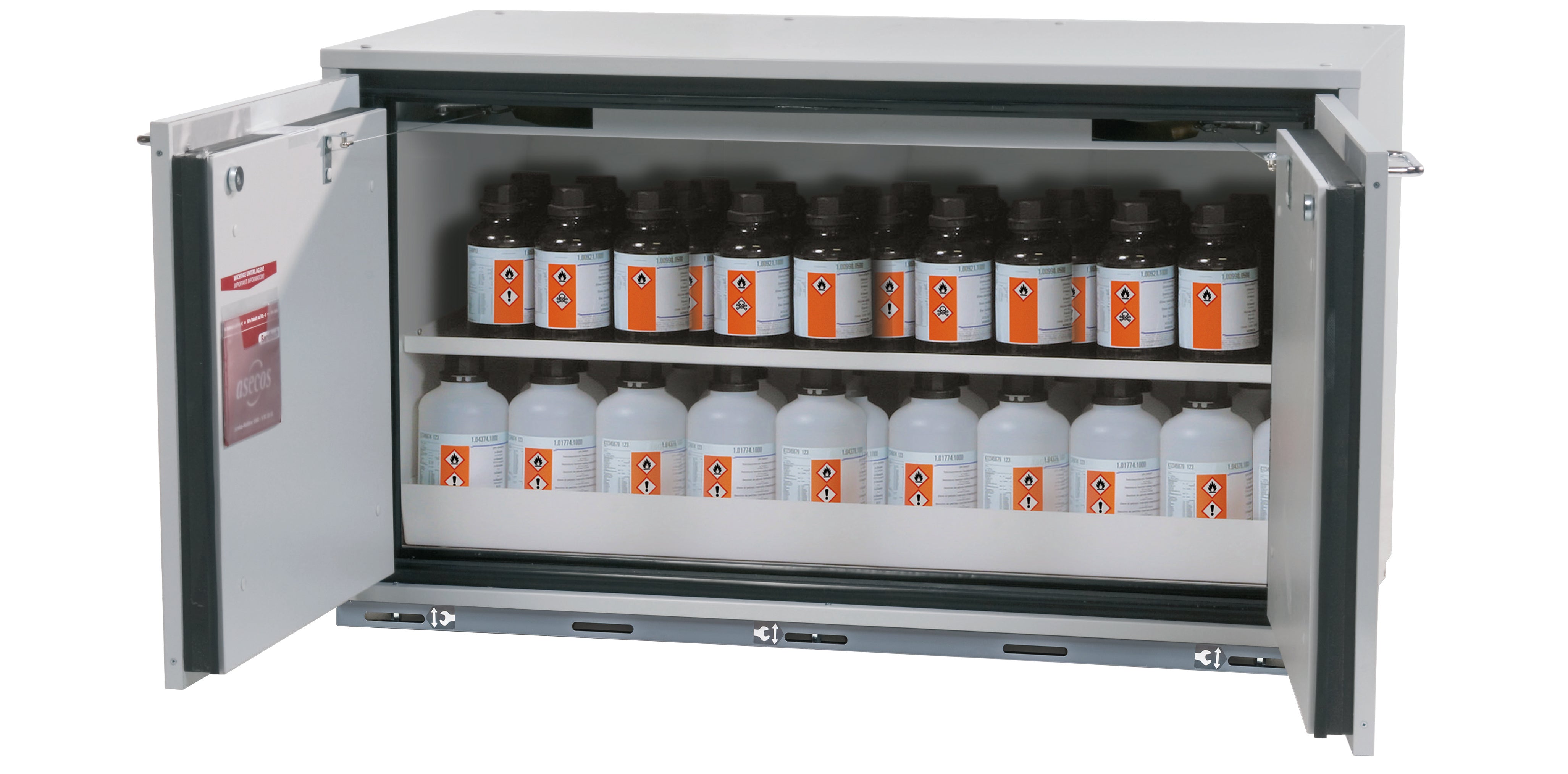 Typ 90 Sicherheitsunterbauschrank UB-T-90 Modell UB90.060.110.050.UL.2T in lichtgrau RAL 7035 mit 1x Fachboden Standard (Stahlblech)