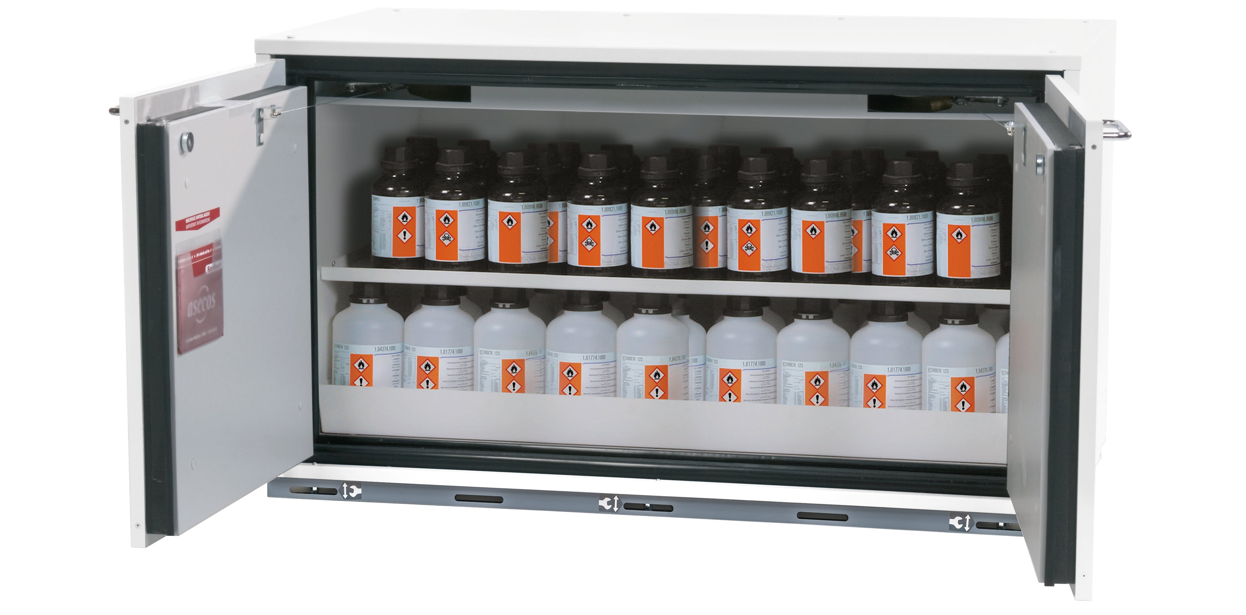 Typ 90 Sicherheitsunterbauschrank UB-T-90 Modell UB90.060.110.050.UL.2T in laborweiss (ähnl. RAL 9016) mit 1x Fachboden Standard (Stahlblech)