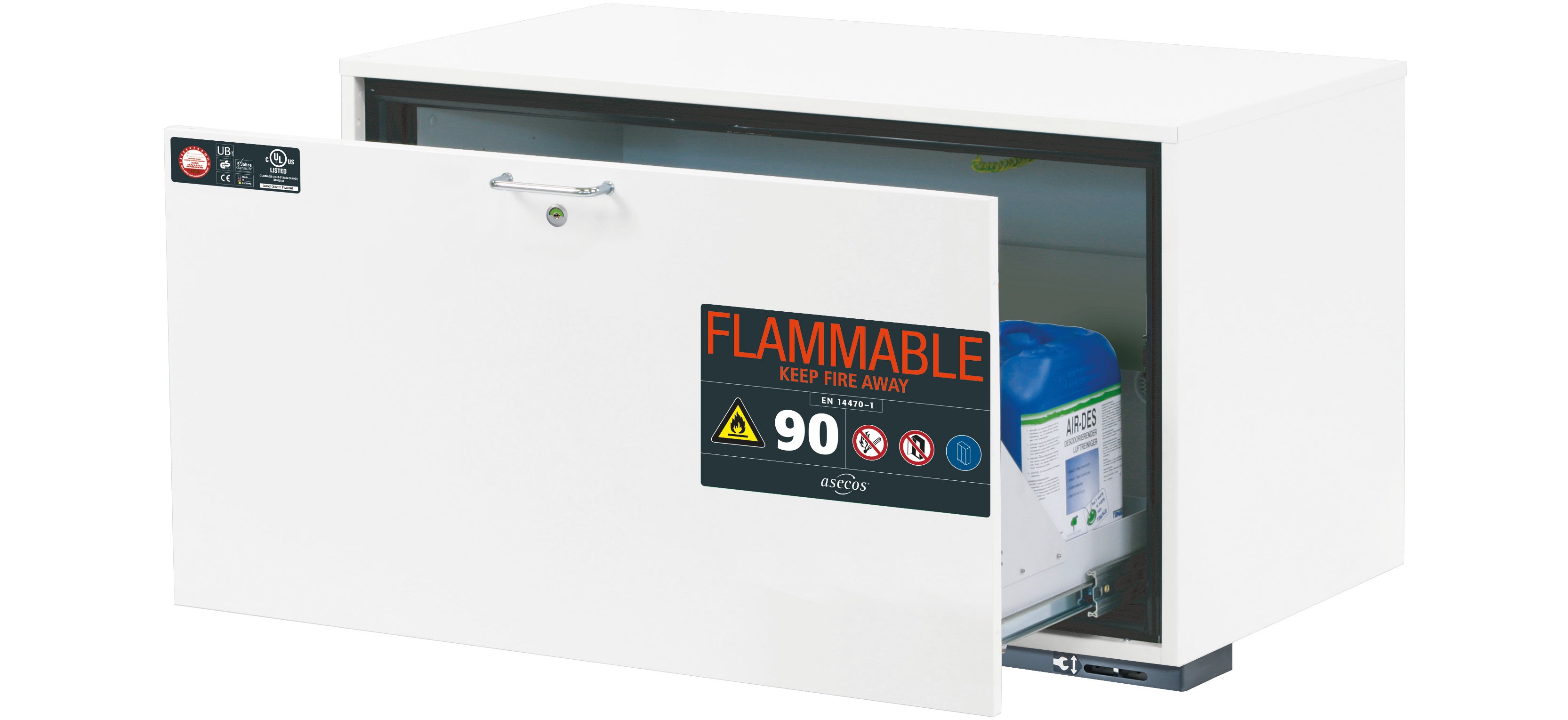 Typ 90 Sicherheitsunterbauschrank UB-S-90 Modell UB90.060.110.050.UL.S in laborweiss (ähnl. RAL 9016) mit 1x Schubladenwanne STAWA-R (Stahlblech)