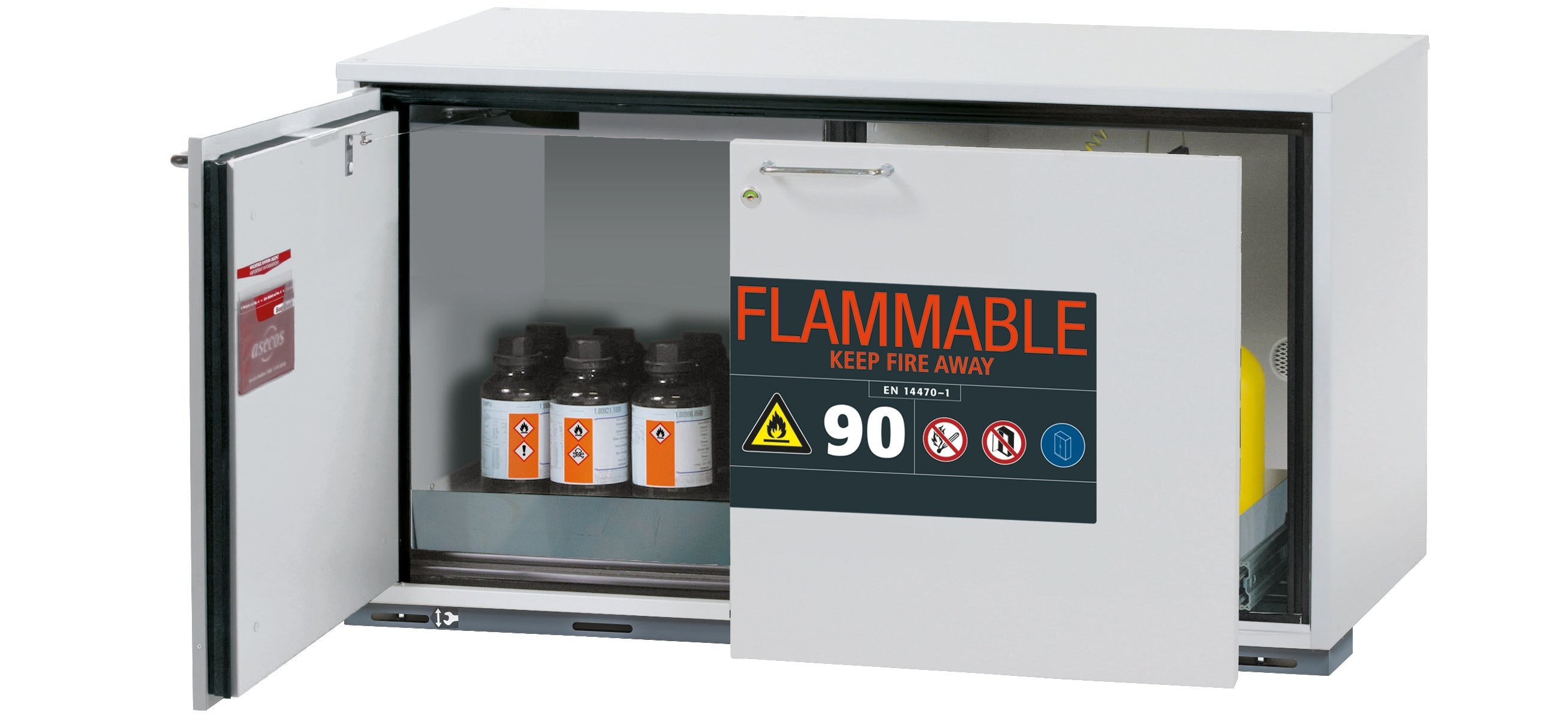 Typ 90 Sicherheitsunterbauschrank UB-ST-90 Modell UB90.060.110.UL.ST in lichtgrau RAL 7035 mit 1x Lochblecheinsatz Standard (Edelstahl 1.4016)