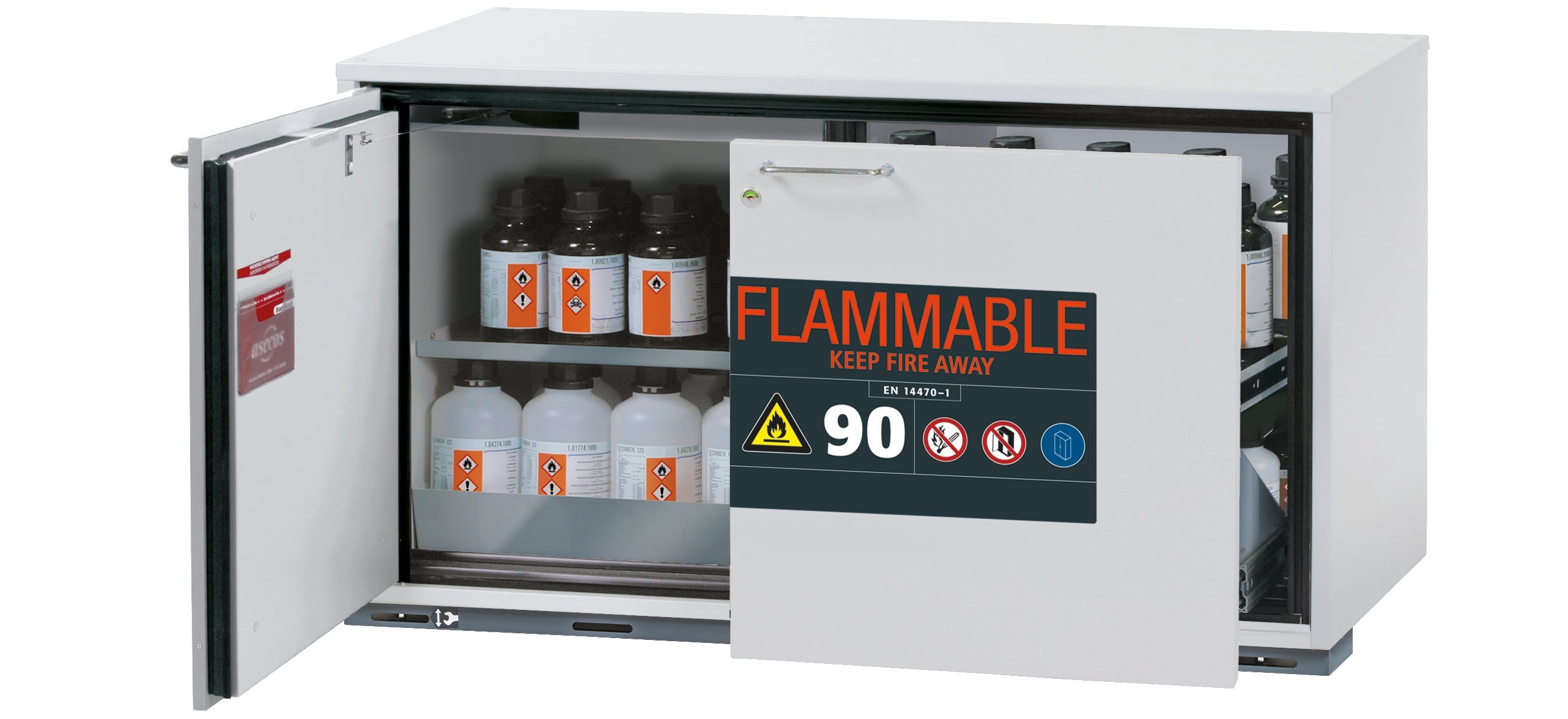 Typ 90 Sicherheitsunterbauschrank UB-ST-90 Modell UB90.060.110.UL.ST in lichtgrau RAL 7035 mit 1x Fachboden Standard (Edelstahl 1.4301)