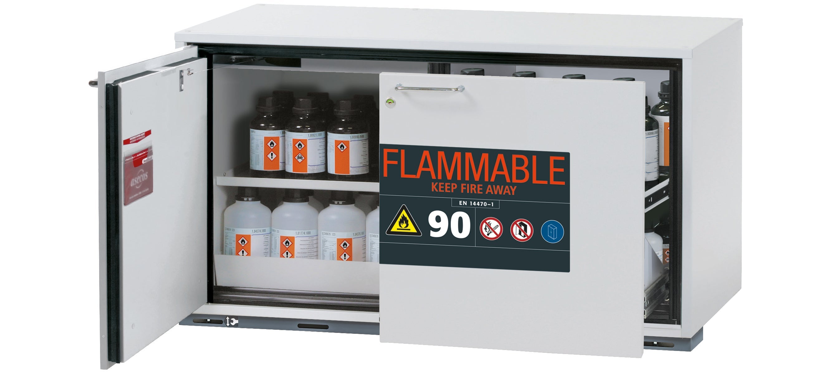 Typ 90 Sicherheitsunterbauschrank UB-ST-90 Modell UB90.060.110.UL.ST in lichtgrau RAL 7035 mit 1x Fachboden Standard (Stahlblech)