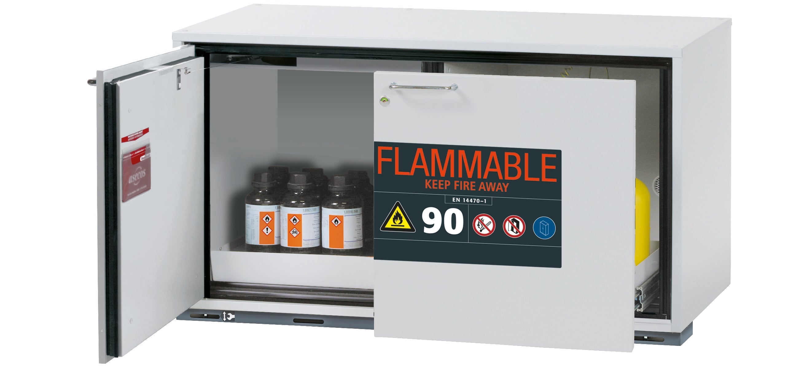 Typ 90 Sicherheitsunterbauschrank UB-ST-90 Modell UB90.060.110.UL.ST in lichtgrau RAL 7035 mit 1x Lochblecheinsatz Standard (Stahlblech)