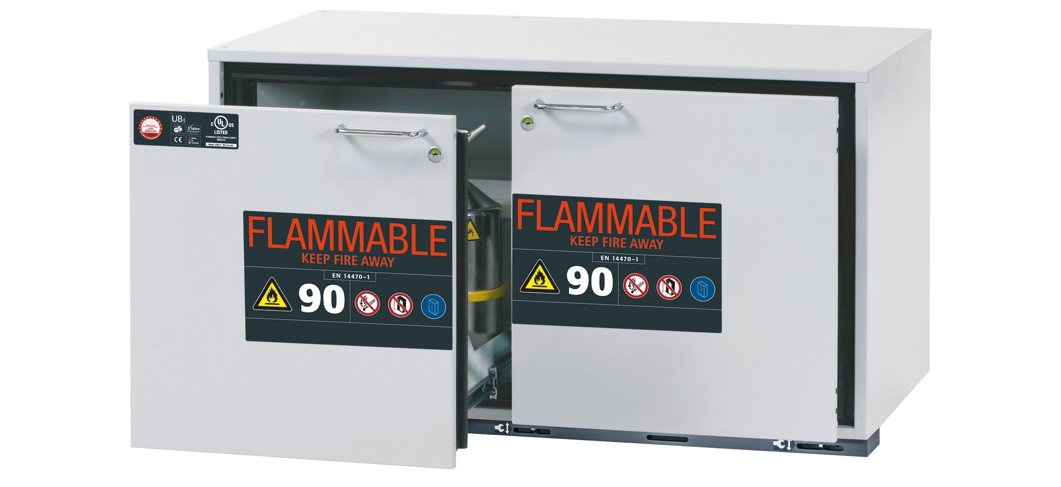 Typ 90 Sicherheitsunterbauschrank UB-S-90 Modell UB90.060.110.UL.2S in lichtgrau RAL 7035 mit 2x Schubladenwanne STAWA-R (Edelstahl 1.4301)