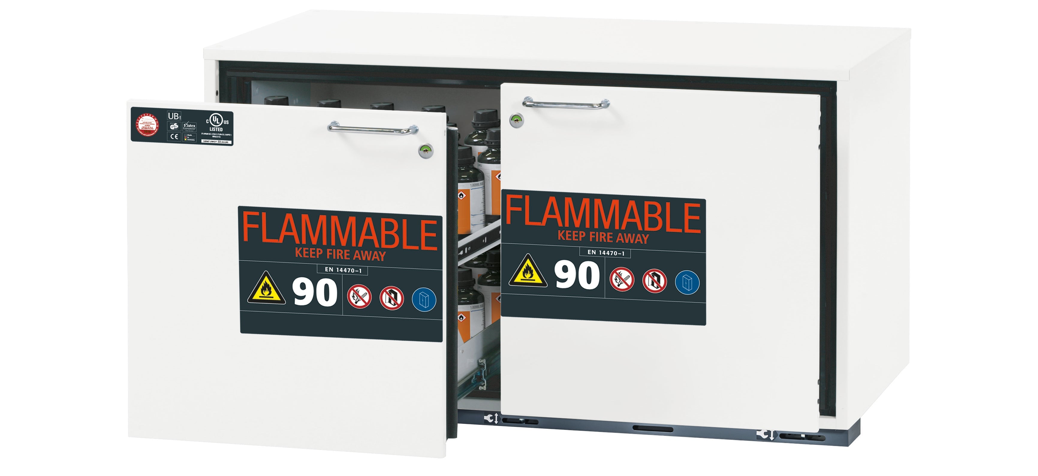 Typ 90 Sicherheitsunterbauschrank UB-S-90 Modell UB90.060.110.UL.2S in laborweiss (ähnl. RAL 9016) mit 2x Schubladenwanne STAWA-R (Stahlblech)