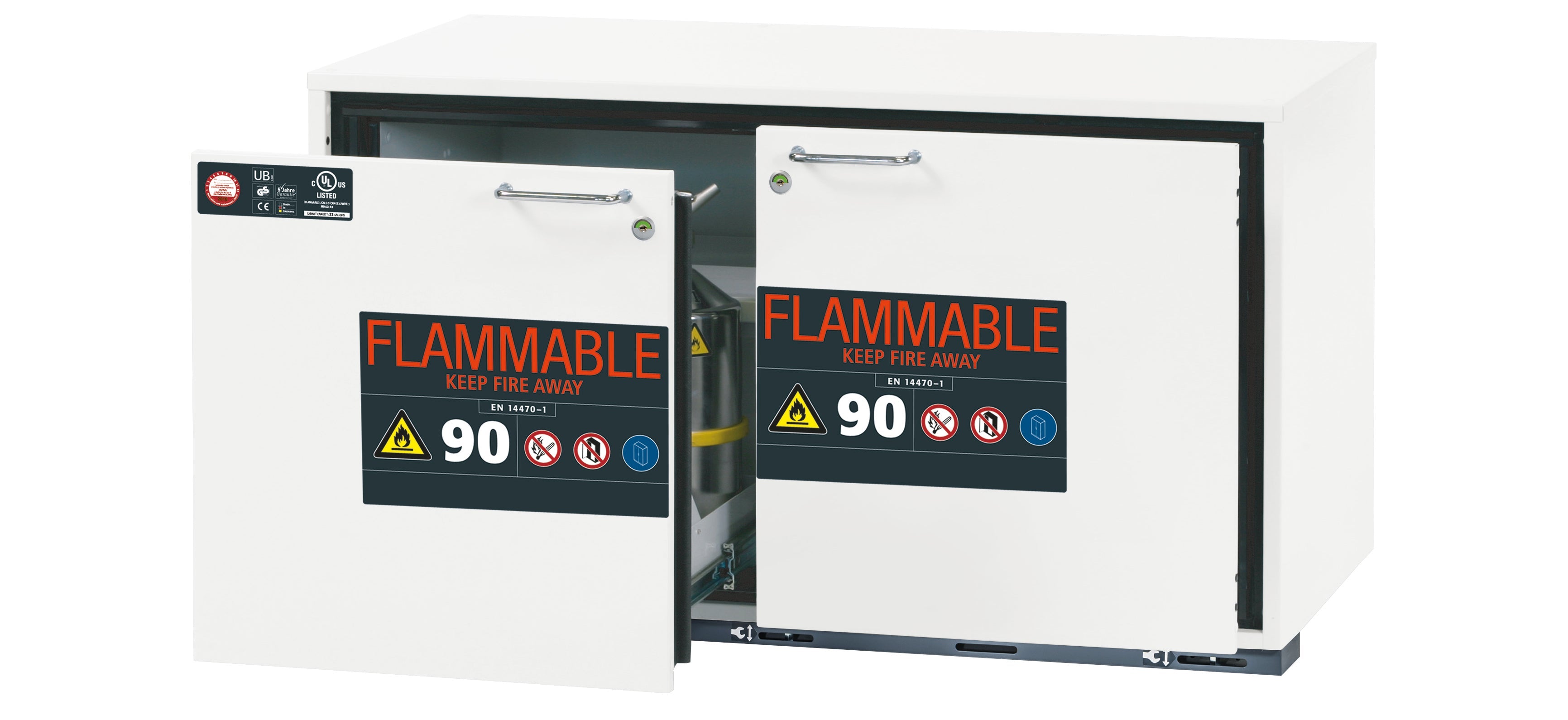 Typ 90 Sicherheitsunterbauschrank UB-S-90 Modell UB90.060.110.UL.2S in laborweiss (ähnl. RAL 9016) mit 2x Schubladenwanne STAWA-R (Stahlblech)