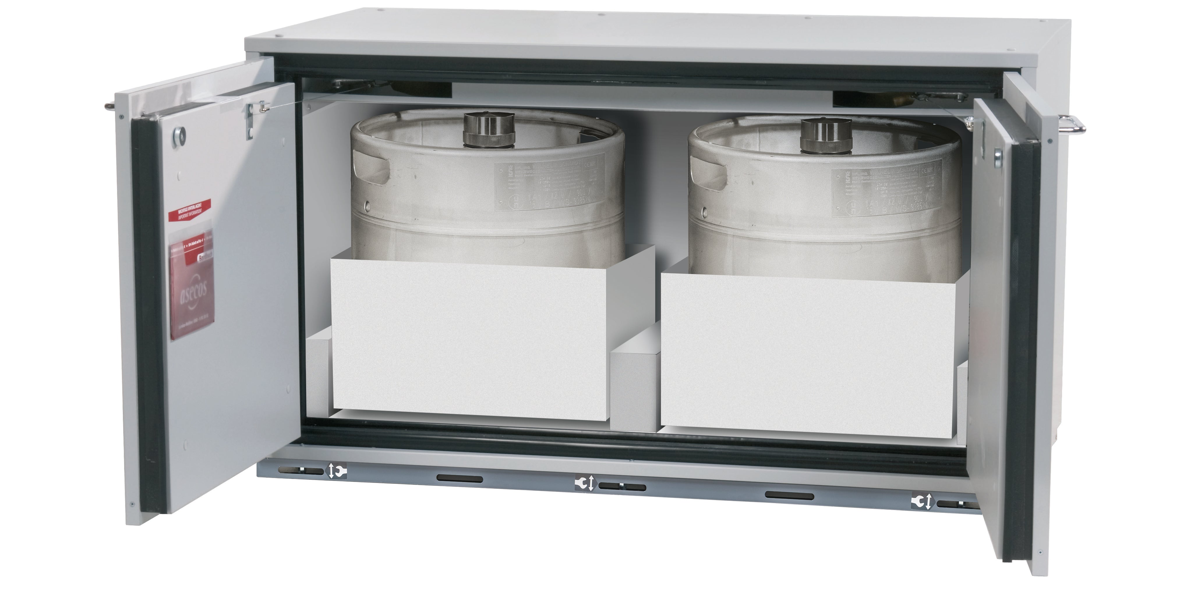 Typ 90 Sicherheitsunterbauschrank UB-T-90 Modell UB90.060.110.UL.2T in lichtgrau RAL 7035 mit 1x Auszugswanne STAWA-R max. Innenhöhe (Edelstahl 1.4404)