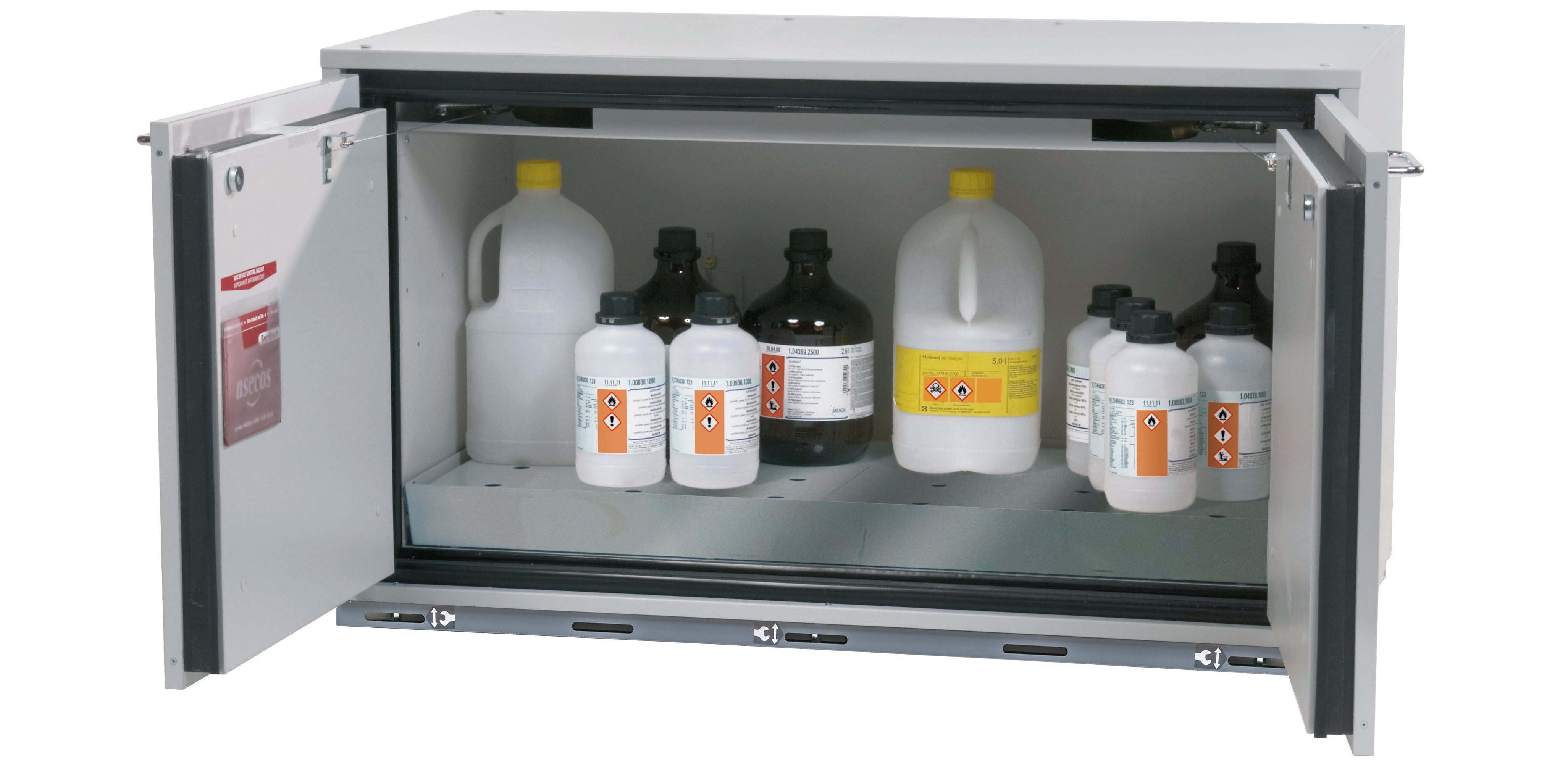 Typ 90 Sicherheitsunterbauschrank UB-T-90 Modell UB90.060.110.UL.2T in lichtgrau RAL 7035 mit 1x Lochblecheinsatz Standard (Edelstahl 1.4301)