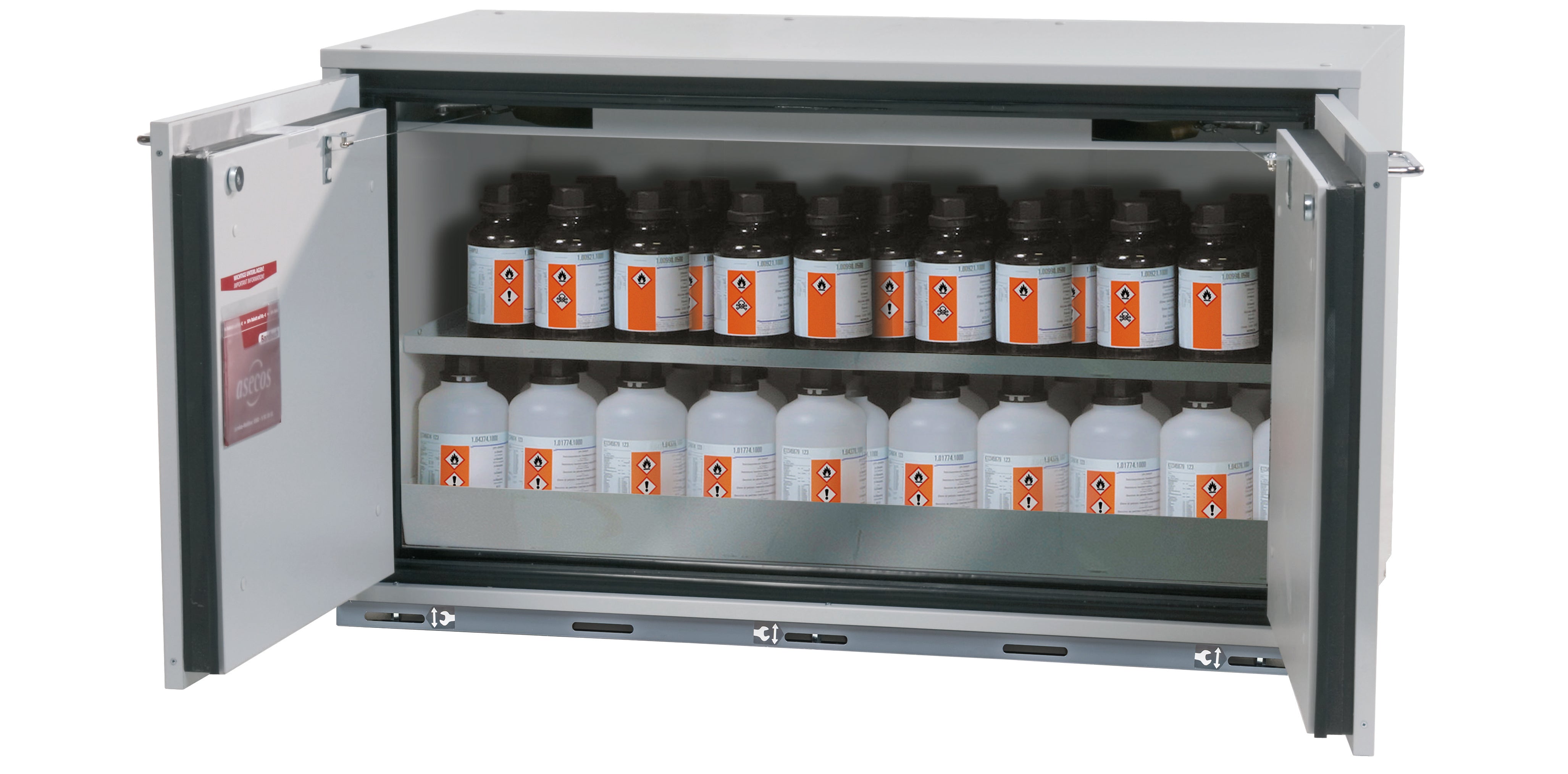 Typ 90 Sicherheitsunterbauschrank UB-T-90 Modell UB90.060.110.2T in lichtgrau RAL 7035 mit 1x Fachboden Standard (Edelstahl 1.4301)