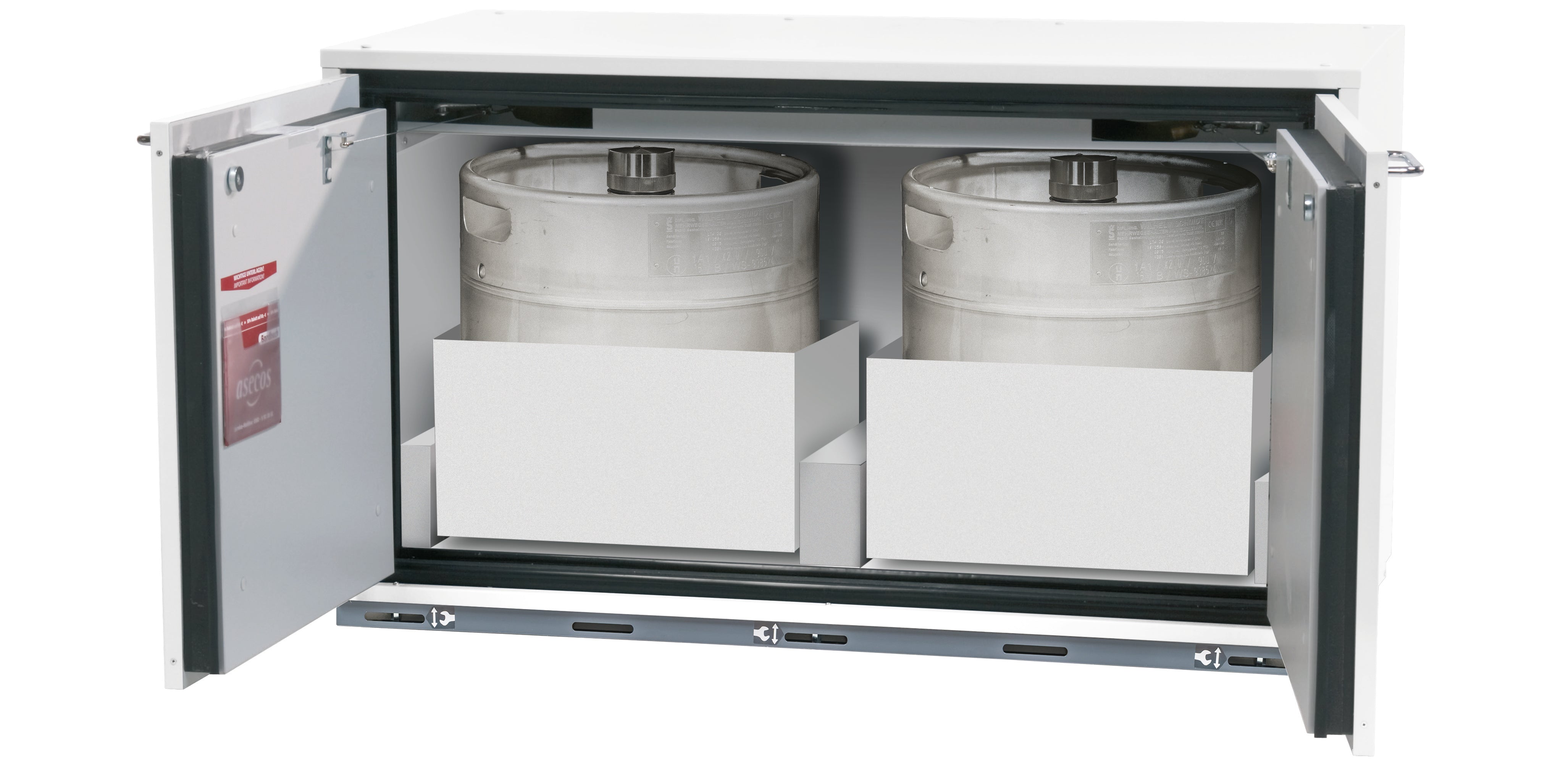 Typ 90 Sicherheitsunterbauschrank UB-T-90 Modell UB90.060.110.UL.2T in laborweiss (ähnl. RAL 9016) mit 1x Auszugswanne STAWA-R max. Innenhöhe (Edelstahl 1.4404)