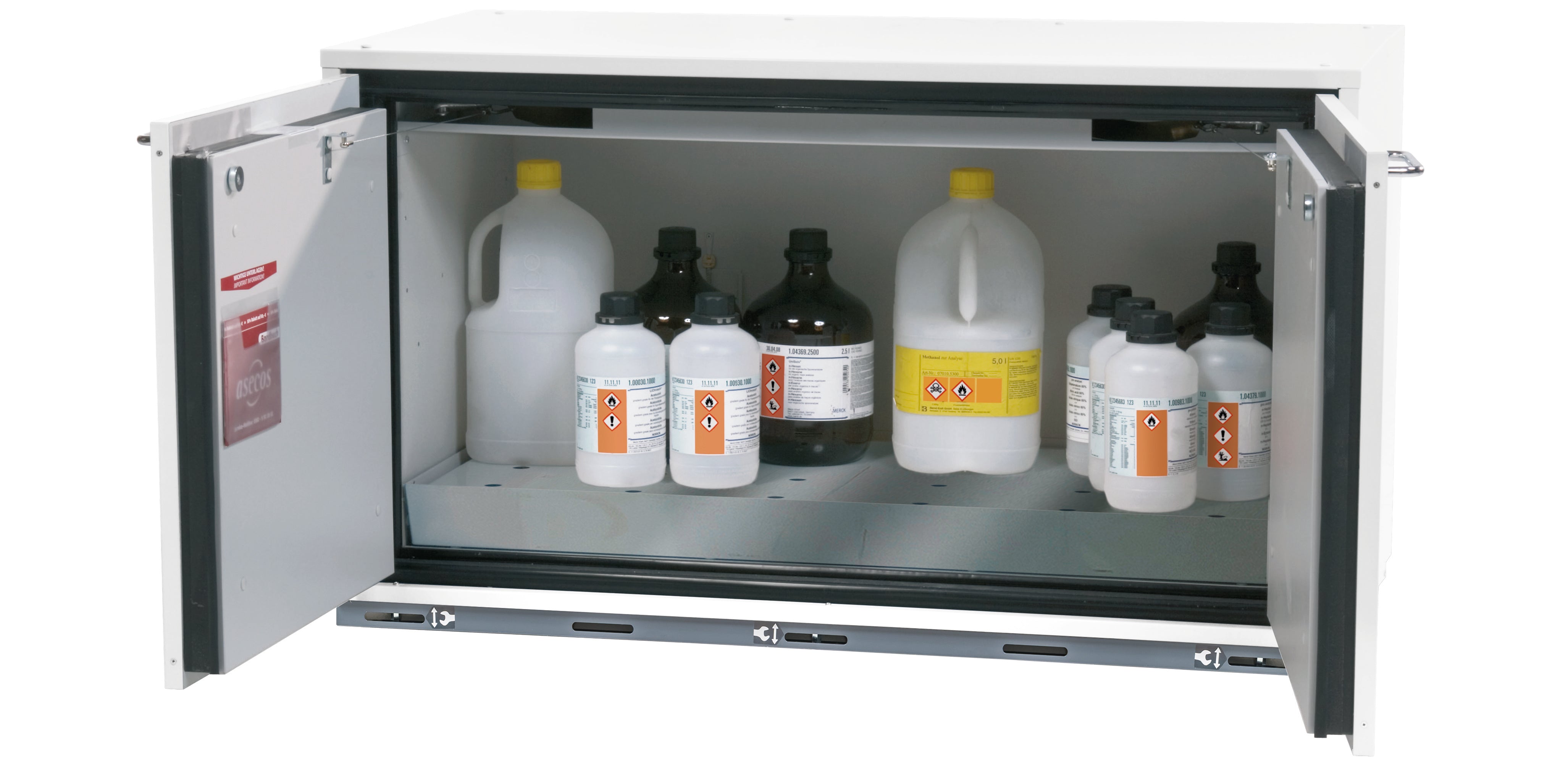 Typ 90 Sicherheitsunterbauschrank UB-T-90 Modell UB90.060.110.2T in laborweiss (ähnl. RAL 9016) mit 1x Lochblecheinsatz Standard (Edelstahl 1.4301)