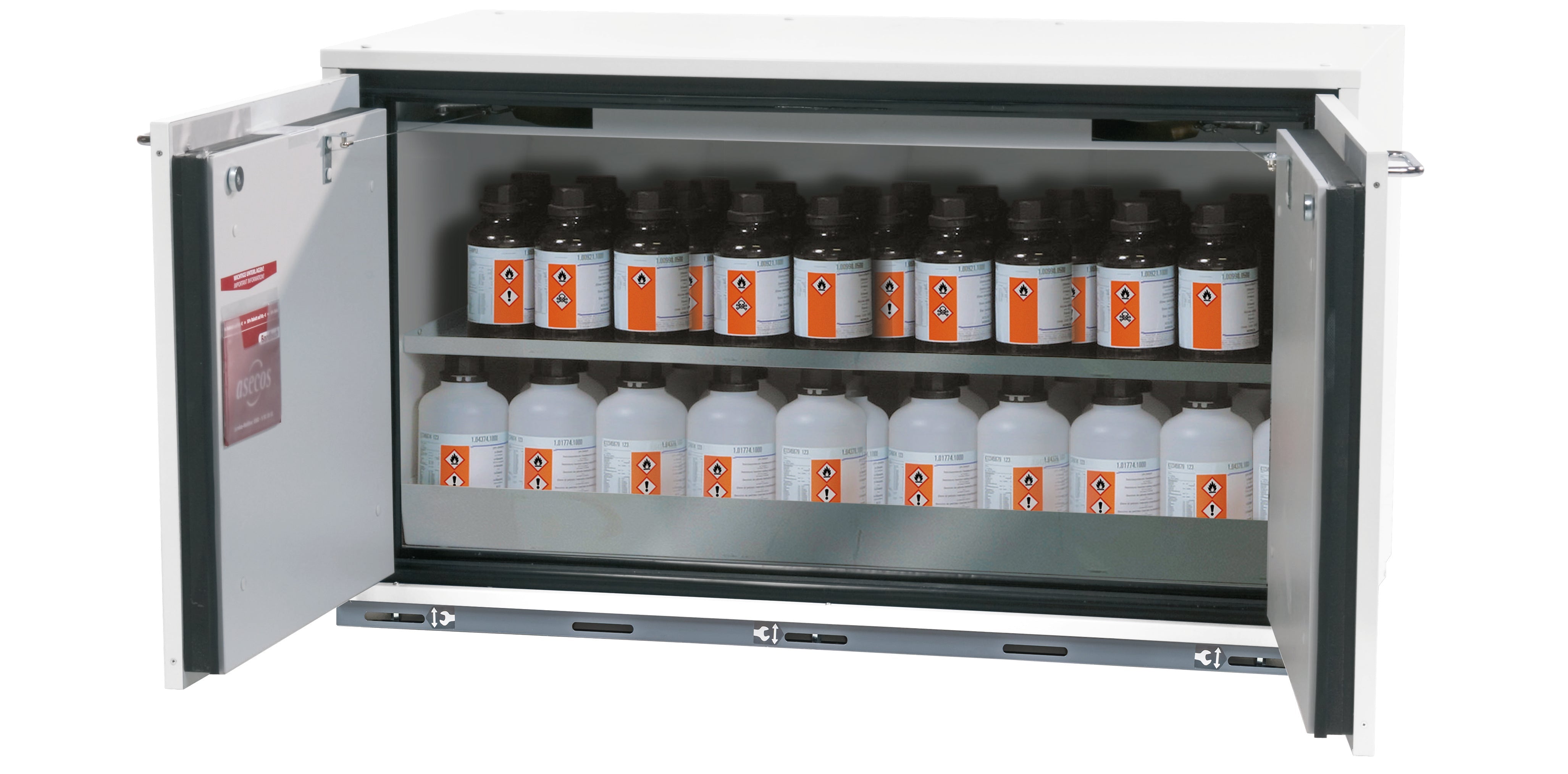 Typ 90 Sicherheitsunterbauschrank UB-T-90 Modell UB90.060.110.UL.2T in laborweiss (ähnl. RAL 9016) mit 1x Fachboden Standard (Edelstahl 1.4301)