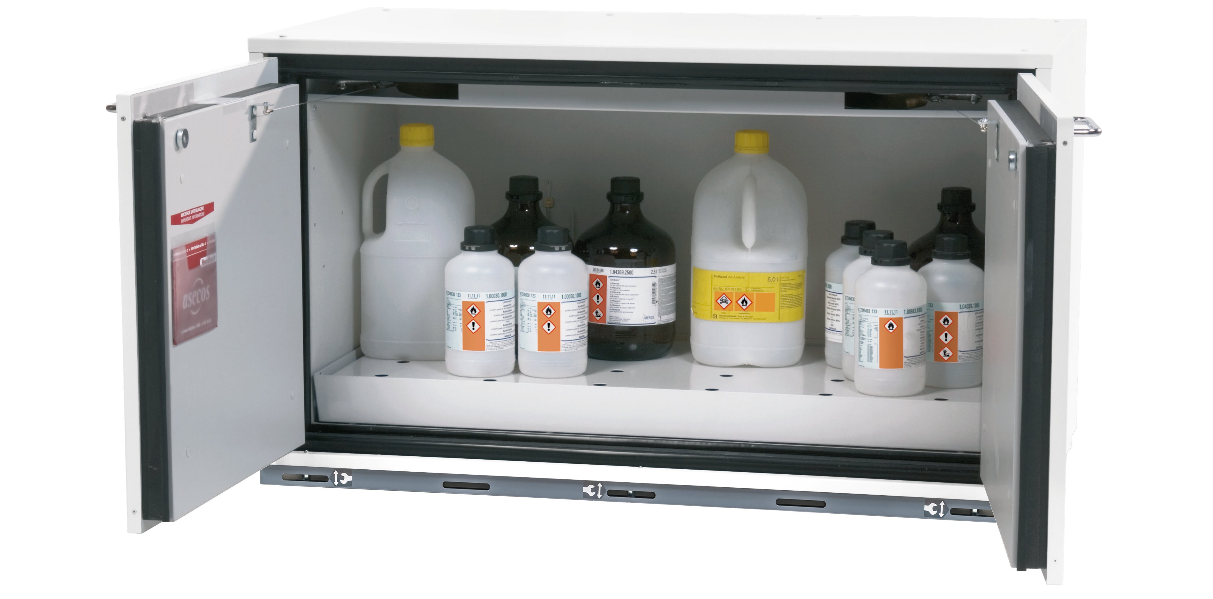 Typ 90 Sicherheitsunterbauschrank UB-T-90 Modell UB90.060.110.UL.2T in laborweiss (ähnl. RAL 9016) mit 1x Lochblecheinsatz Standard (Stahlblech)