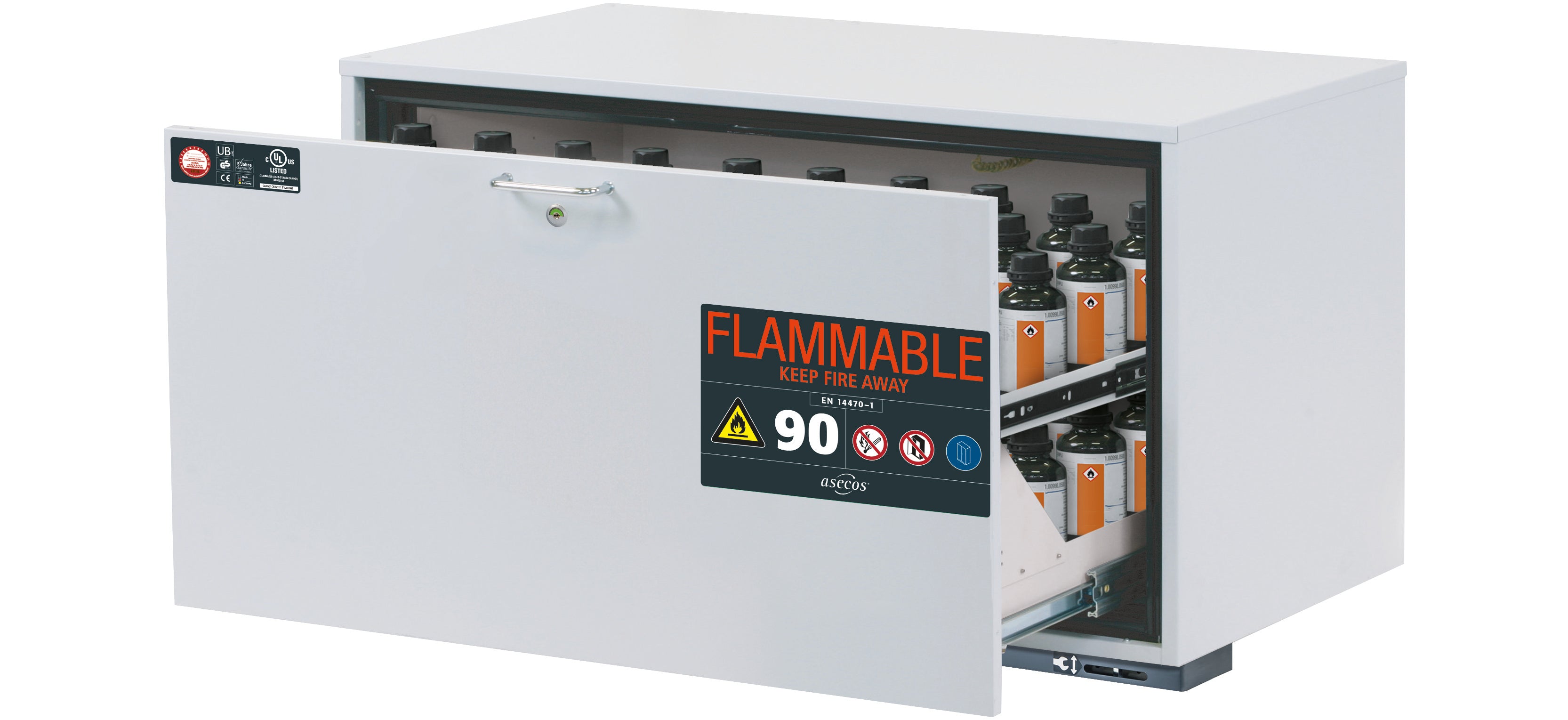 Typ 90 Sicherheitsunterbauschrank UB-S-90 Modell UB90.060.110.UL.S in lichtgrau RAL 7035 mit 1x Schubladenwanne STAWA-R (Stahlblech)