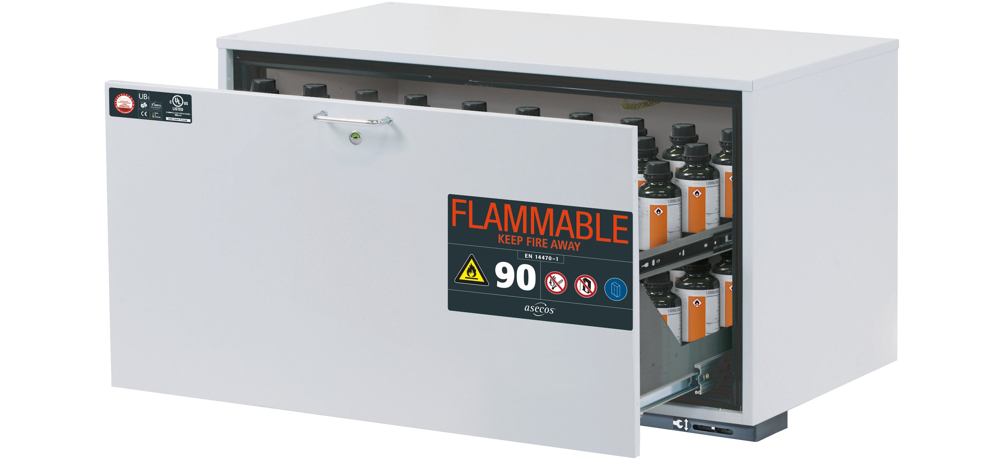 Type 90 safety base cabinet UB-S-90 model UB90.060.110.UL.S in light gray RAL 7035 with 1x drawer tray STAWA-R (stainless steel 1.4301)