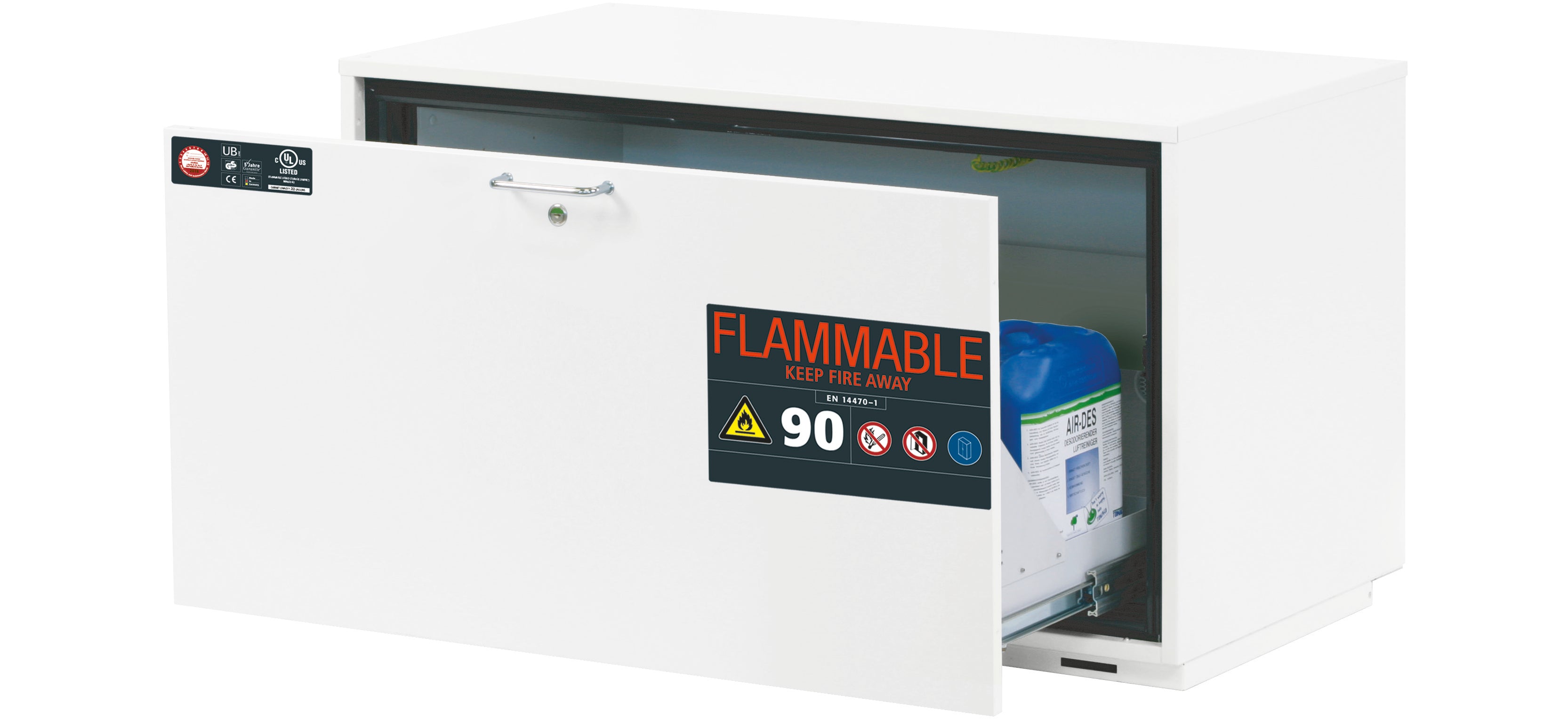 Typ 90 Sicherheitsunterbauschrank UB-S-90 Modell UB90.060.110.UL.S in laborweiss (ähnl. RAL 9016) mit 1x Schubladenwanne STAWA-R (Stahlblech)