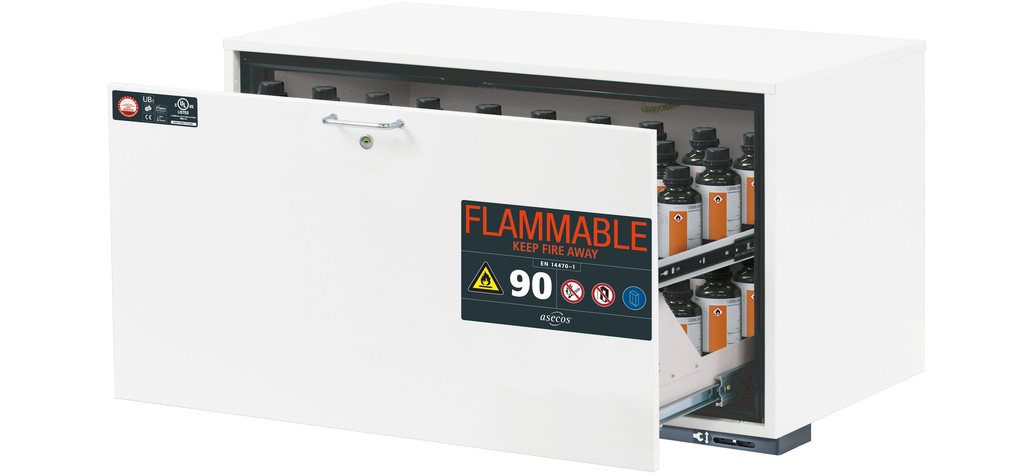 Typ 90 Sicherheitsunterbauschrank UB-S-90 Modell UB90.060.110.UL.S in laborweiss (ähnl. RAL 9016) mit 1x Schubladenwanne STAWA-R (Stahlblech)