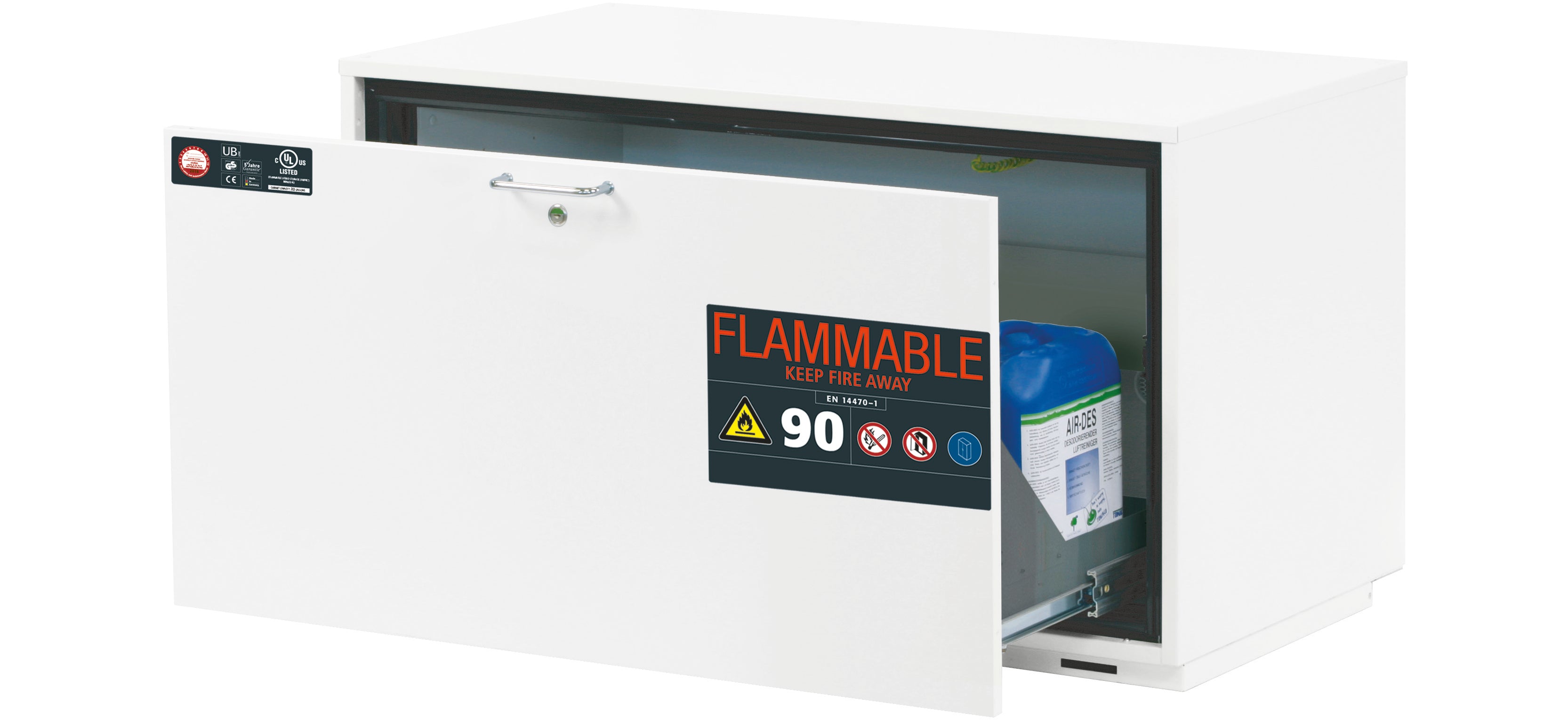 Typ 90 Sicherheitsunterbauschrank UB-S-90 Modell UB90.060.110.UL.S in laborweiss (ähnl. RAL 9016) mit 1x Schubladenwanne STAWA-R (Edelstahl 1.4301)