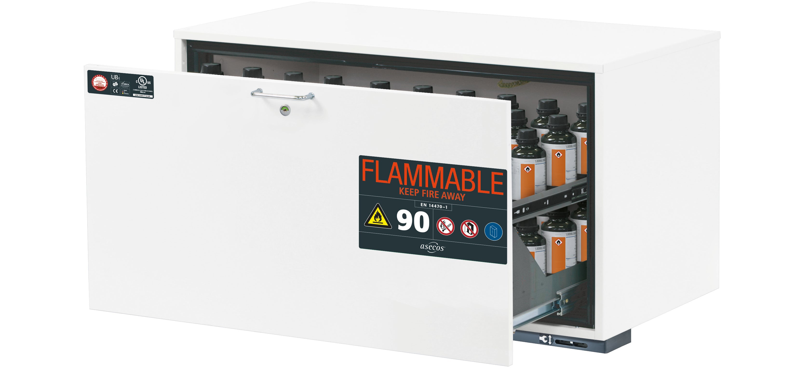 Typ 90 Sicherheitsunterbauschrank UB-S-90 Modell UB90.060.110.UL.S in laborweiss (ähnl. RAL 9016) mit 1x Schubladenwanne STAWA-R (Edelstahl 1.4301)