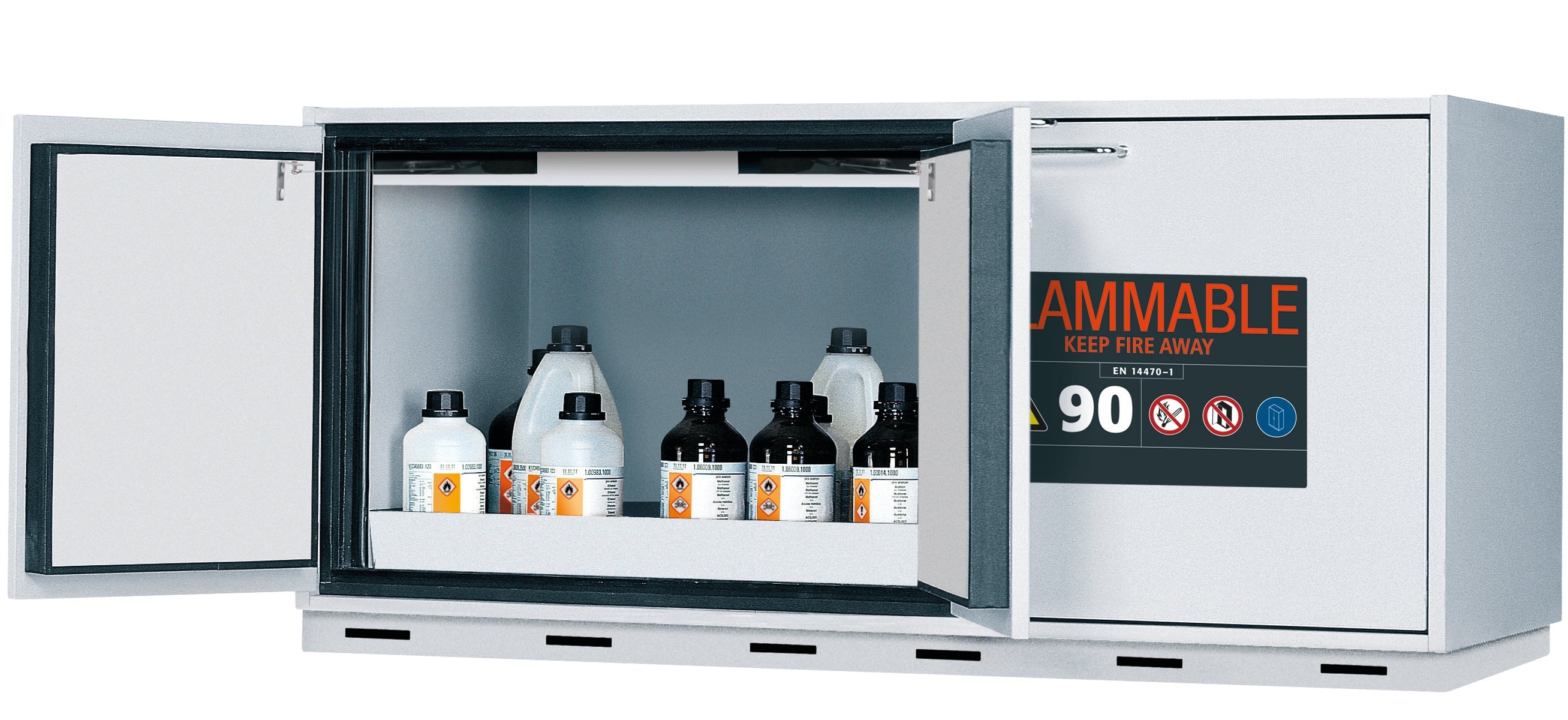 Typ 90 Sicherheitsunterbauschrank UB-ST-90 Modell UB90.060.140.050.UL.S2T in lichtgrau RAL 7035 mit 1x Lochblecheinsatz Standard (Stahlblech)