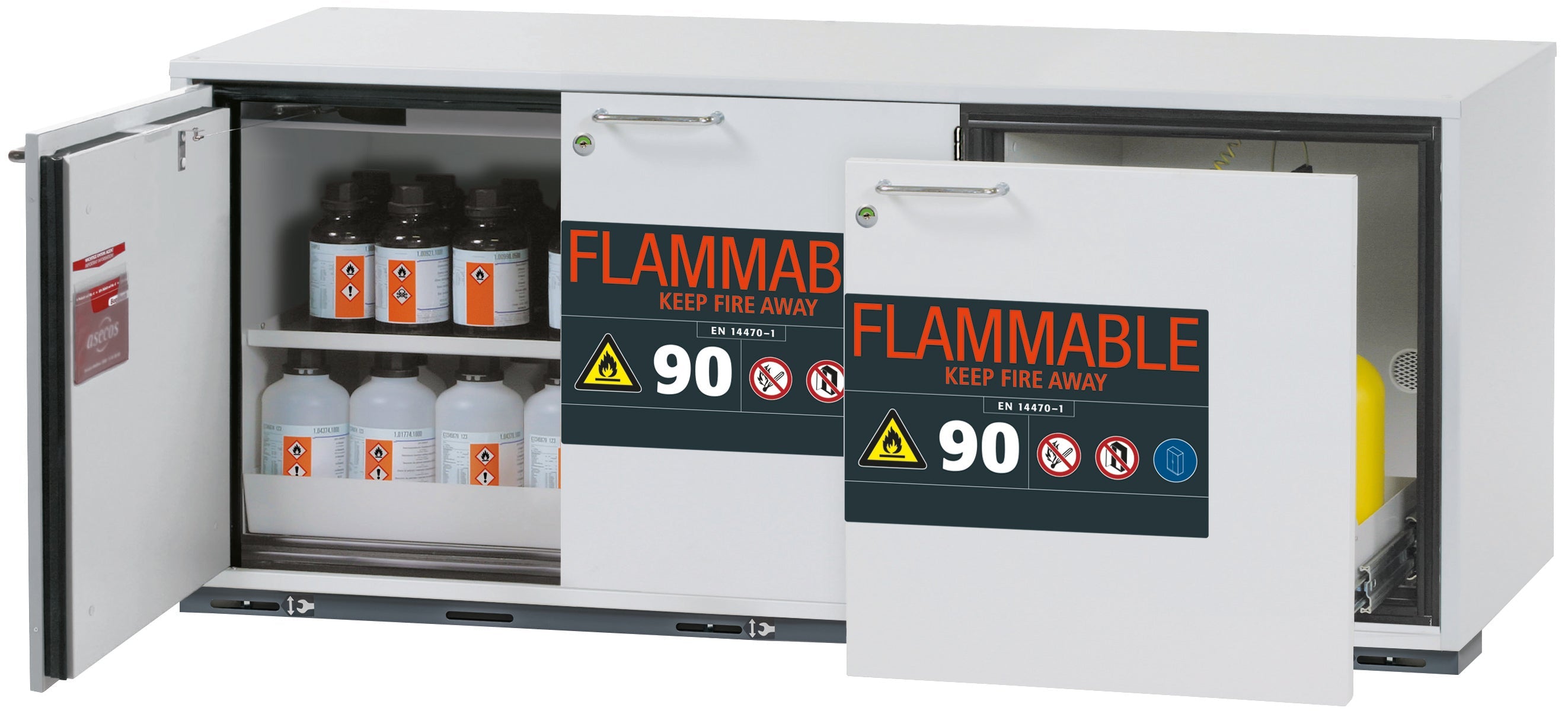 Typ 90 Sicherheitsunterbauschrank UB-ST-90 Modell UB90.060.140.050.UL.S2T in lichtgrau RAL 7035 mit 1x Fachboden Standard (Stahlblech)