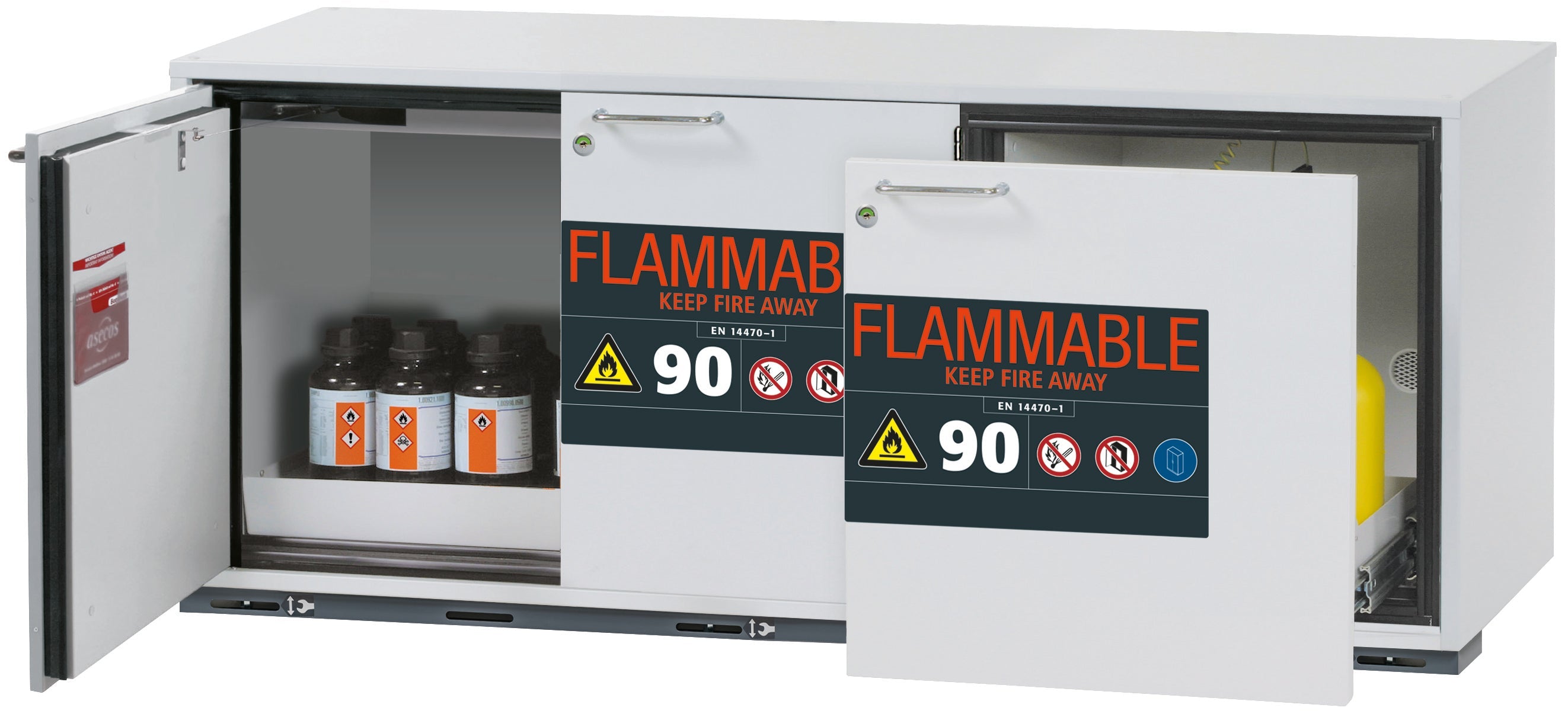 Typ 90 Sicherheitsunterbauschrank UB-ST-90 Modell UB90.060.140.050.UL.S2T in lichtgrau RAL 7035 mit 1x Lochblecheinsatz Standard (Stahlblech)