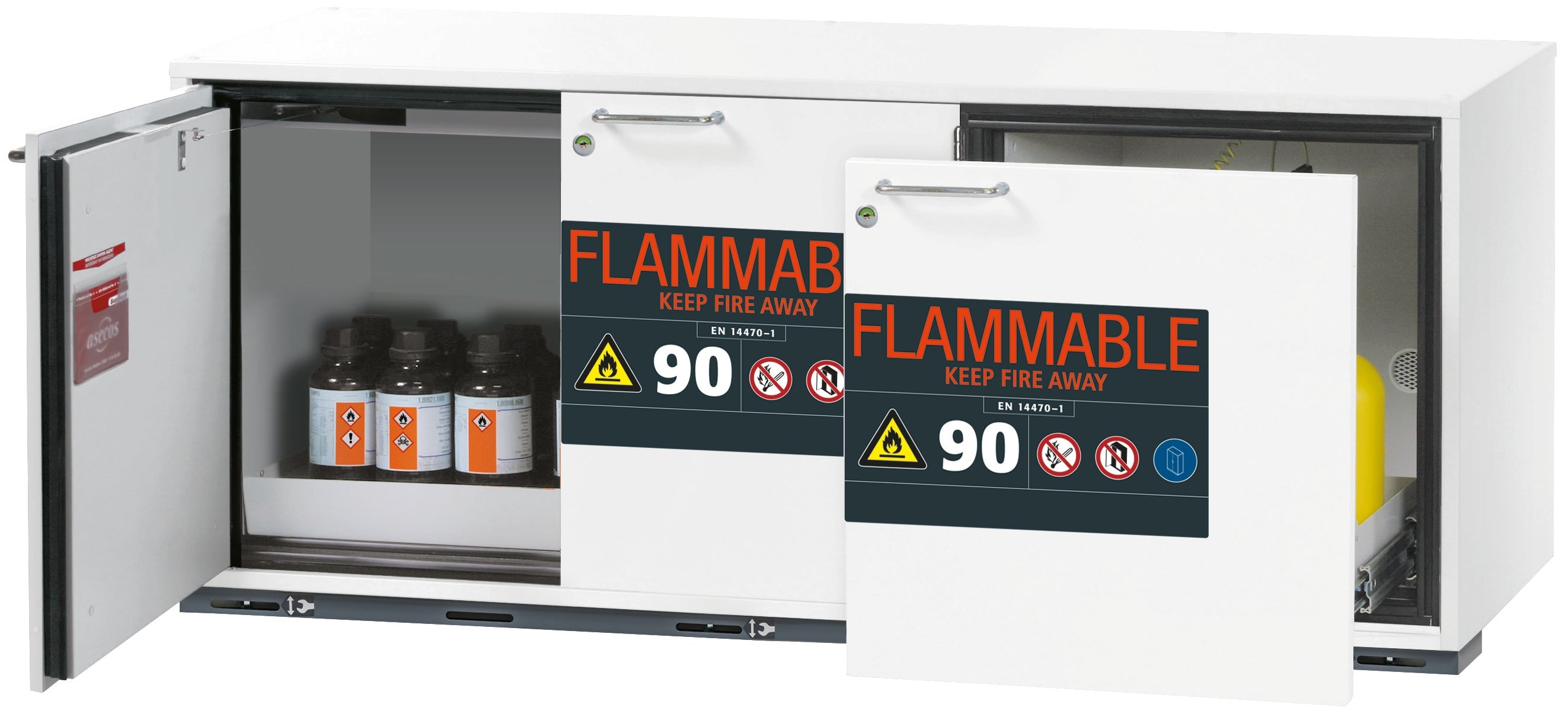 Typ 90 Sicherheitsunterbauschrank UB-ST-90 Modell UB90.060.140.050.UL.S2T in laborweiss (ähnl. RAL 9016) mit 1x Lochblecheinsatz Standard (Stahlblech)
