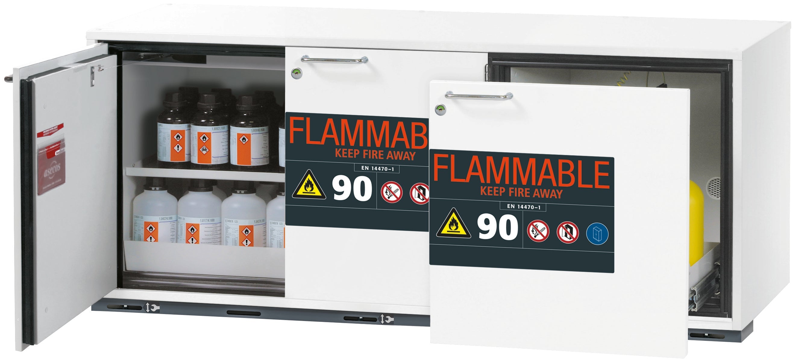 Typ 90 Sicherheitsunterbauschrank UB-ST-90 Modell UB90.060.140.050.UL.S2T in laborweiss (ähnl. RAL 9016) mit 1x Fachboden Standard (Stahlblech)
