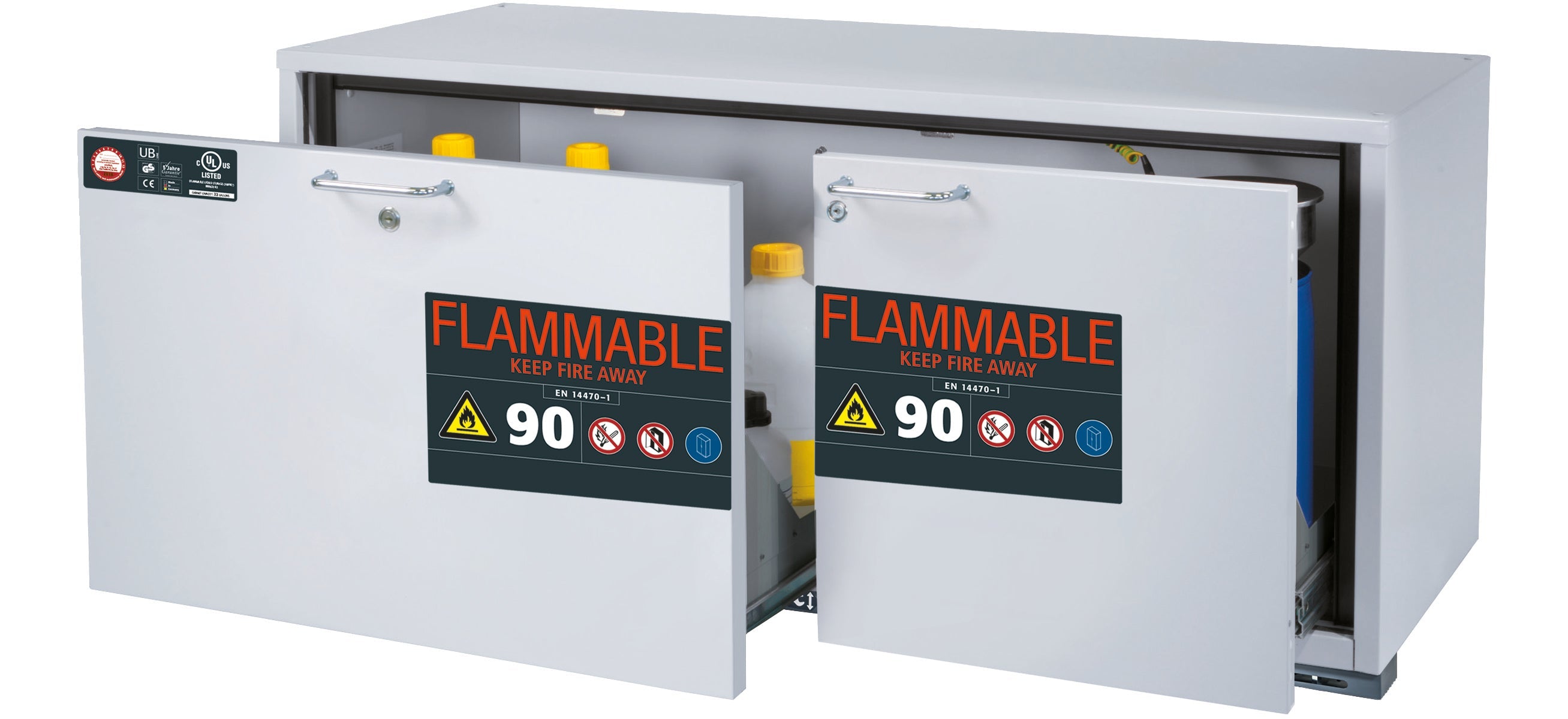 Typ 90 Sicherheitsunterbauschrank UB-S-90 Modell UB90.060.140.UL.2S in lichtgrau RAL 7035 mit 2x Schubladenwanne STAWA-R (Edelstahl 1.4301)
