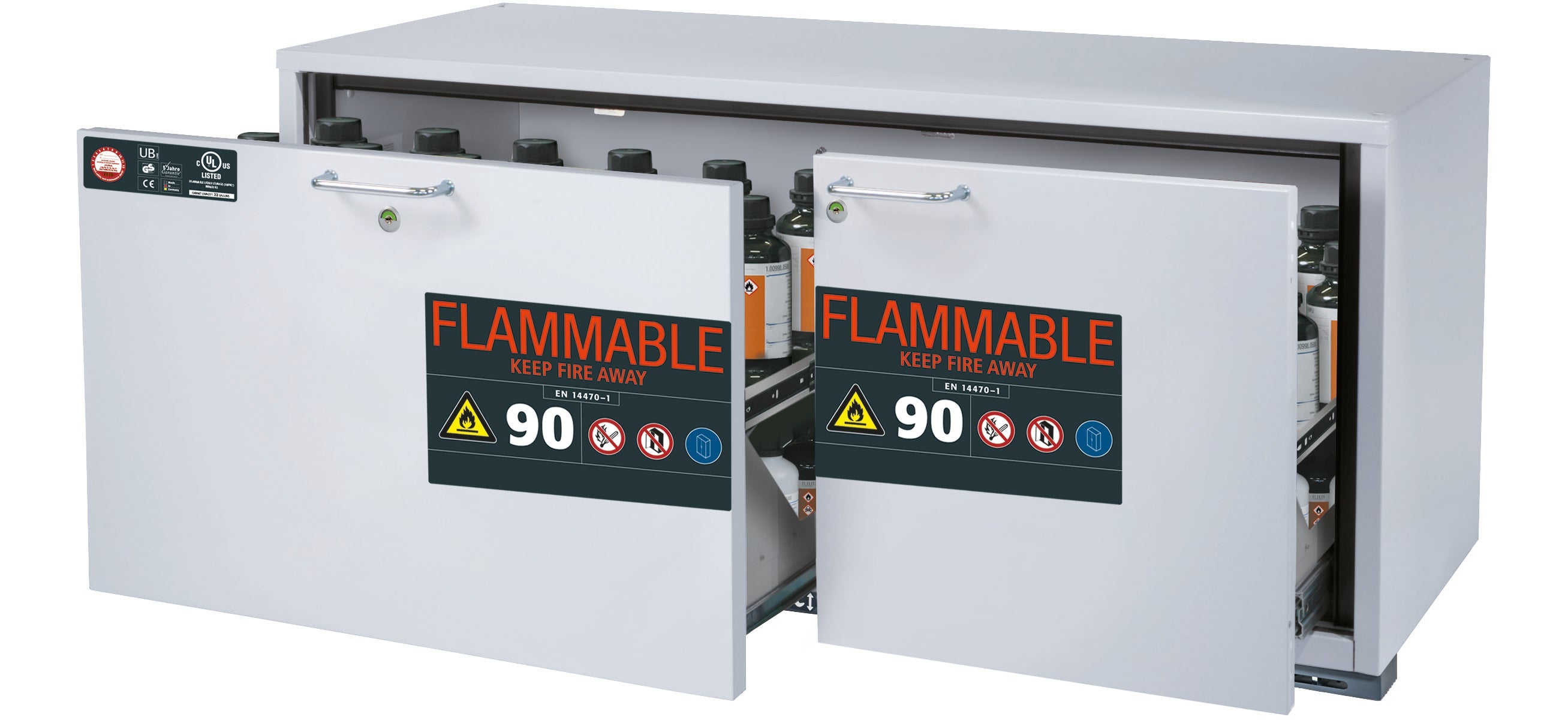 Typ 90 Sicherheitsunterbauschrank UB-S-90 Modell UB90.060.140.UL.2S in lichtgrau RAL 7035 mit 2x Schubladenwanne STAWA-R (Edelstahl 1.4301)