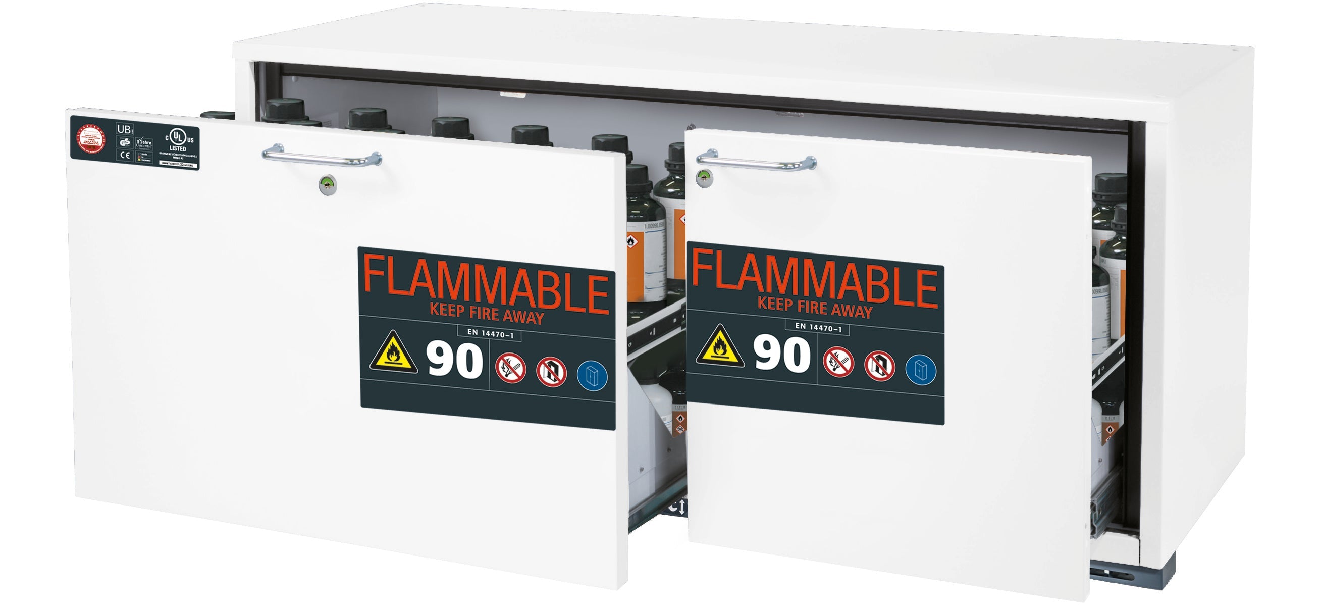 Typ 90 Sicherheitsunterbauschrank UB-S-90 Modell UB90.060.140.UL.2S in laborweiss (ähnl. RAL 9016) mit 2x Schubladenwanne STAWA-R (Stahlblech)