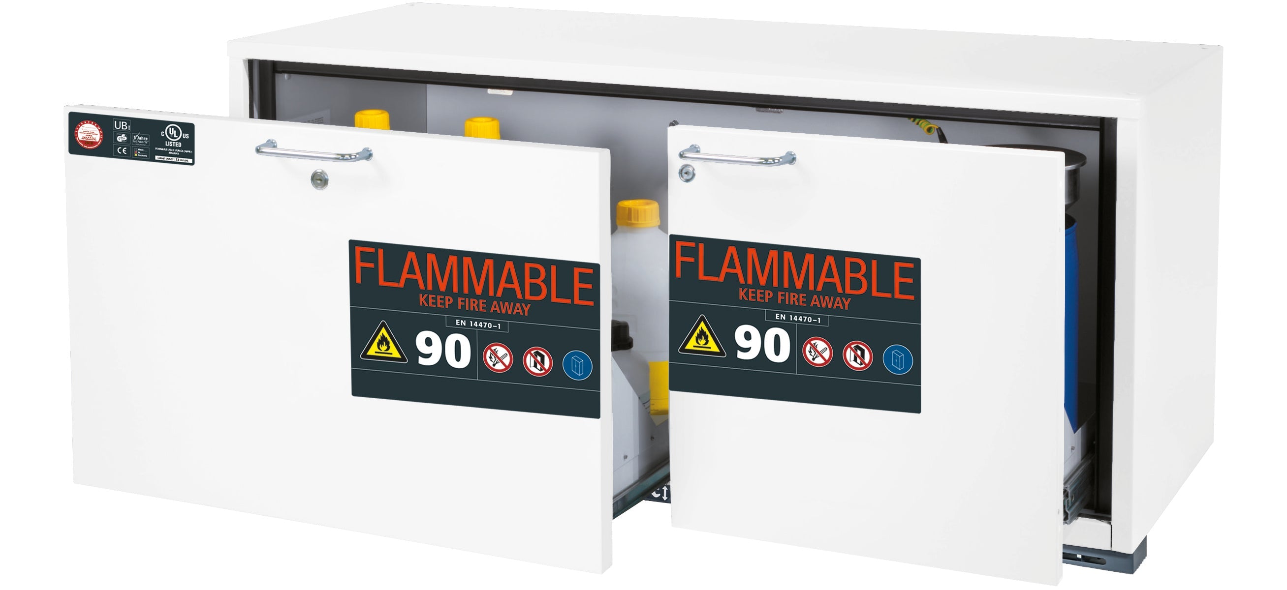 Typ 90 Sicherheitsunterbauschrank UB-S-90 Modell UB90.060.140.UL.2S in laborweiss (ähnl. RAL 9016) mit 2x Schubladenwanne STAWA-R (Stahlblech)