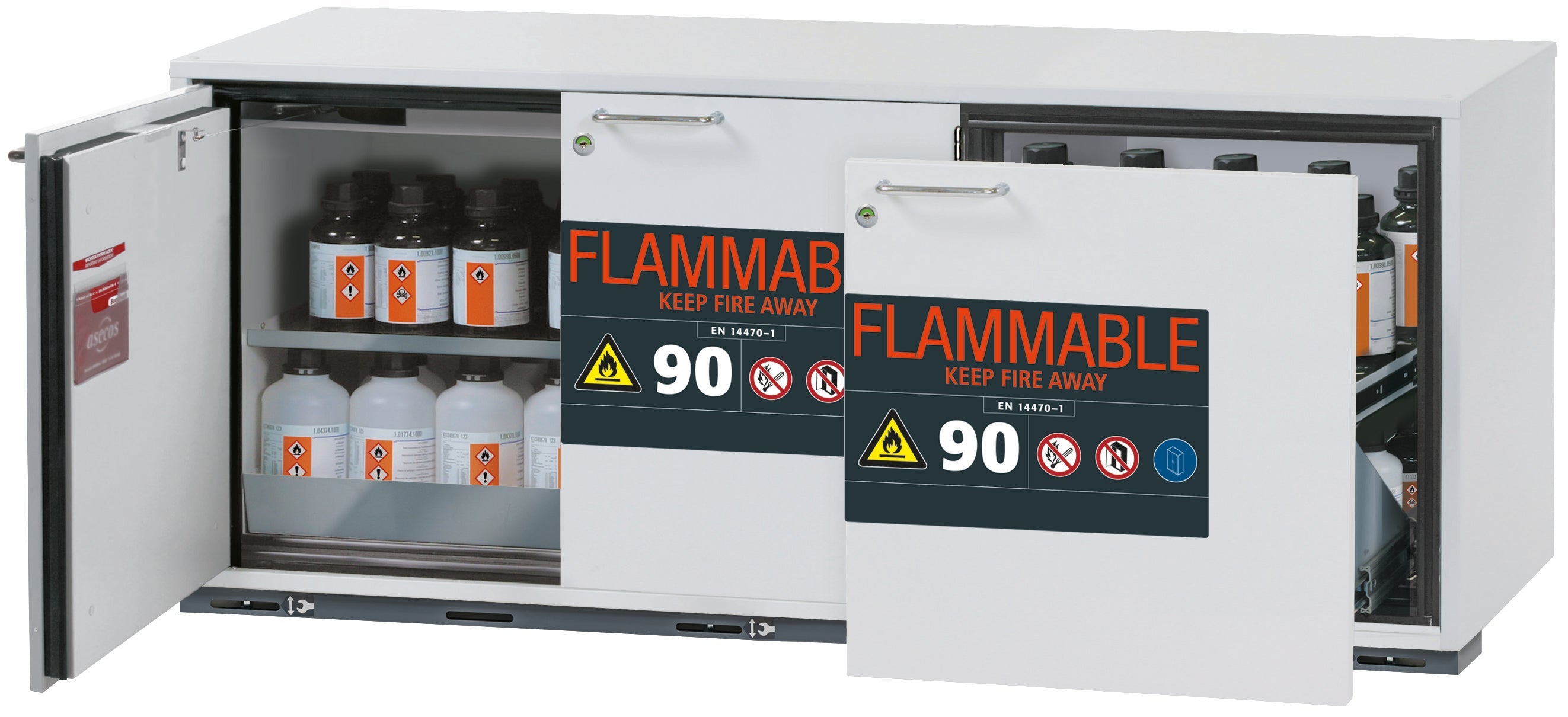 Typ 90 Sicherheitsunterbauschrank UB-ST-90 Modell UB90.060.140.UL.S2T in lichtgrau RAL 7035 mit 1x Fachboden Standard (Edelstahl 1.4301)
