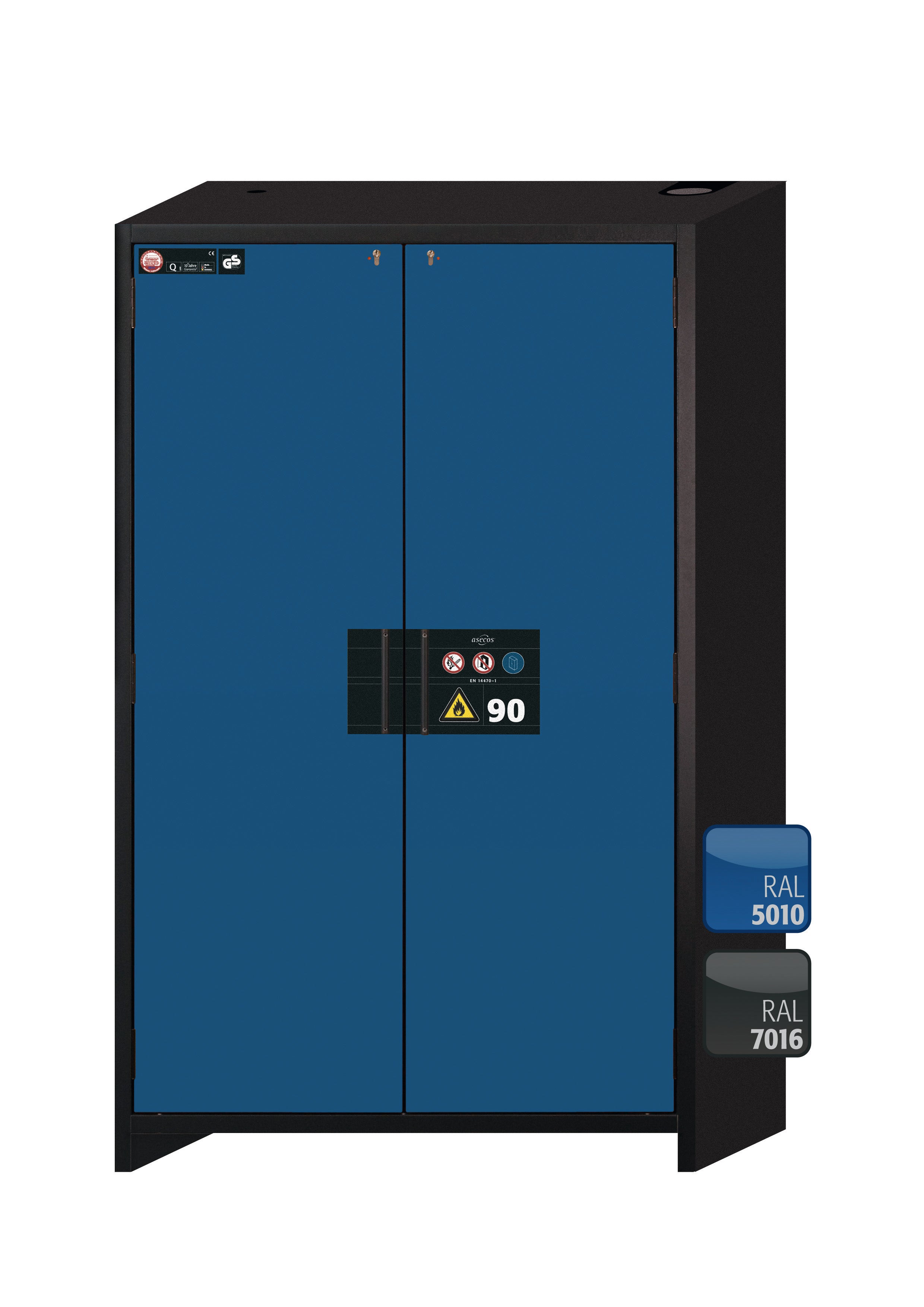 Typ 90 Sicherheitsschrank Q-CLASSIC-90 Modell Q90.195.120 in enzianblau RAL 5010 mit 2x Auszugswanne Standard (Stahlblech)