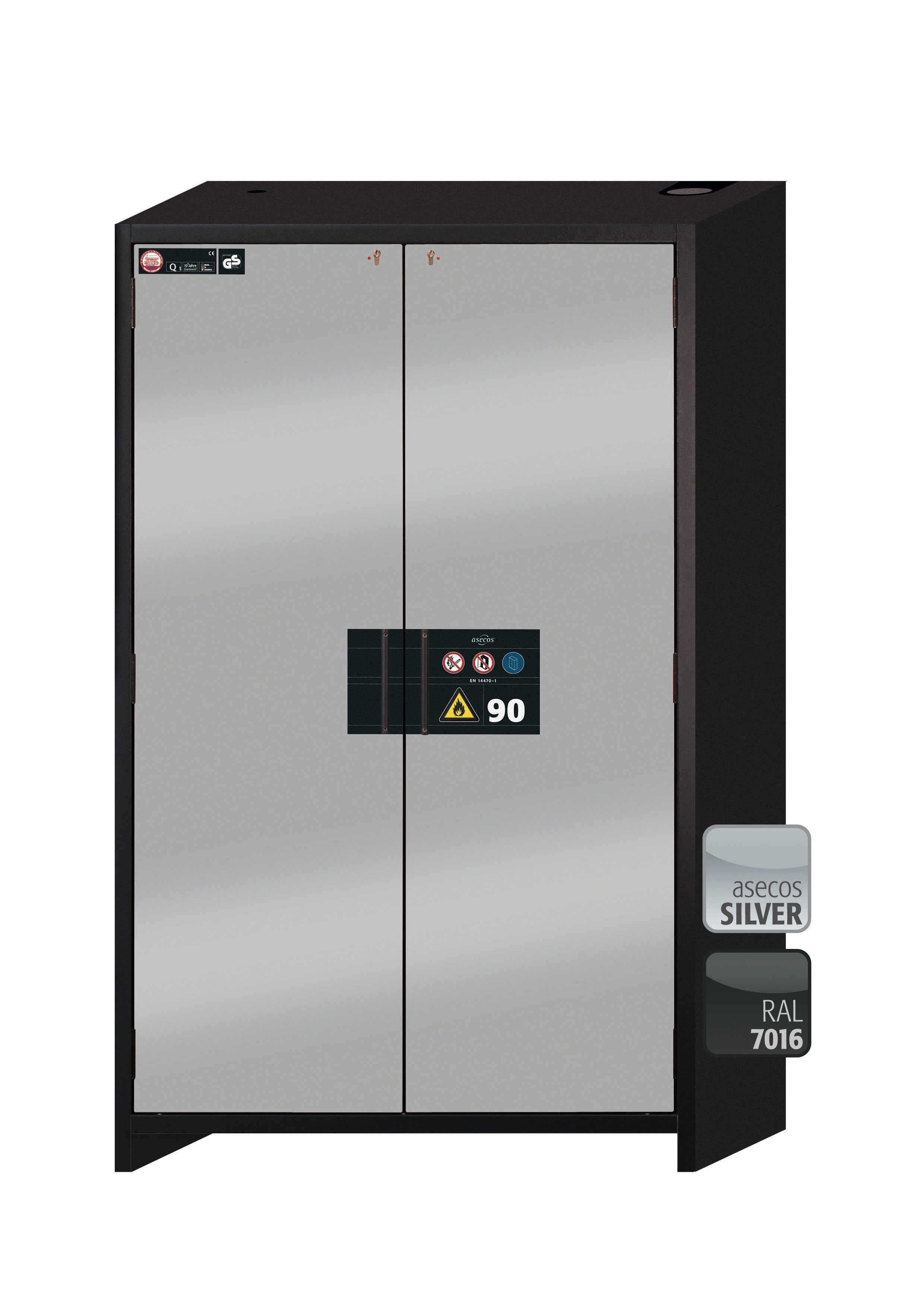 Type 90 safety storage cabinet Q-CLASSIC-90 model Q90.195.120 in asecos silver with 2x shelf standard (sheet steel),