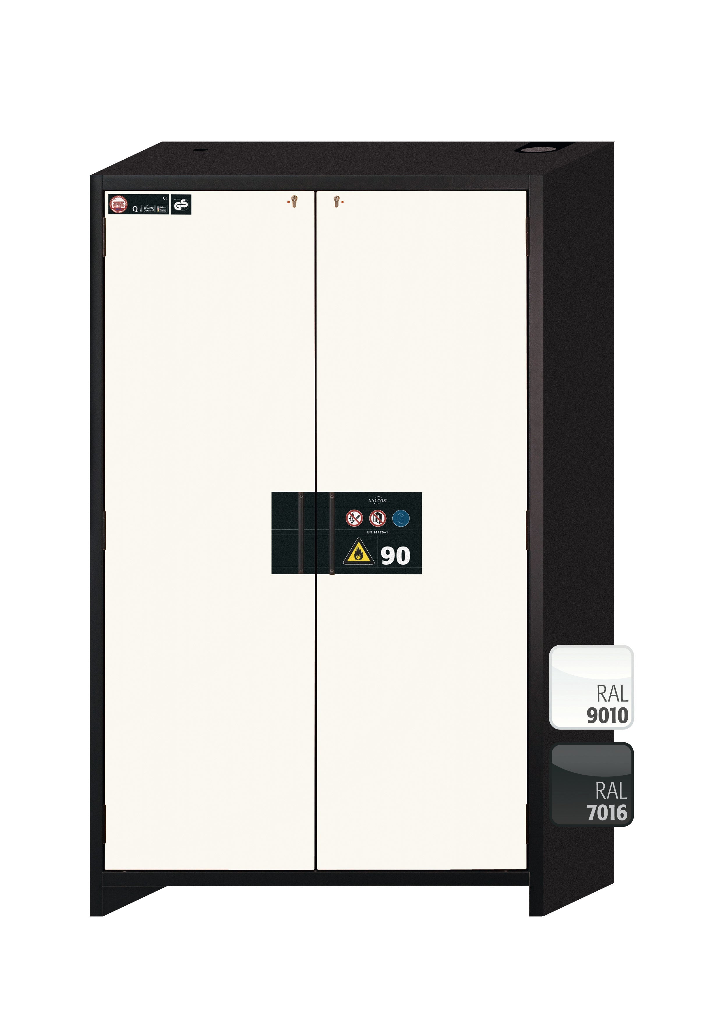 Type 90 safety storage cabinet Q-CLASSIC-90 model Q90.195.120 in pure white RAL 9010 with 5x drawer (standard) (sheet steel),